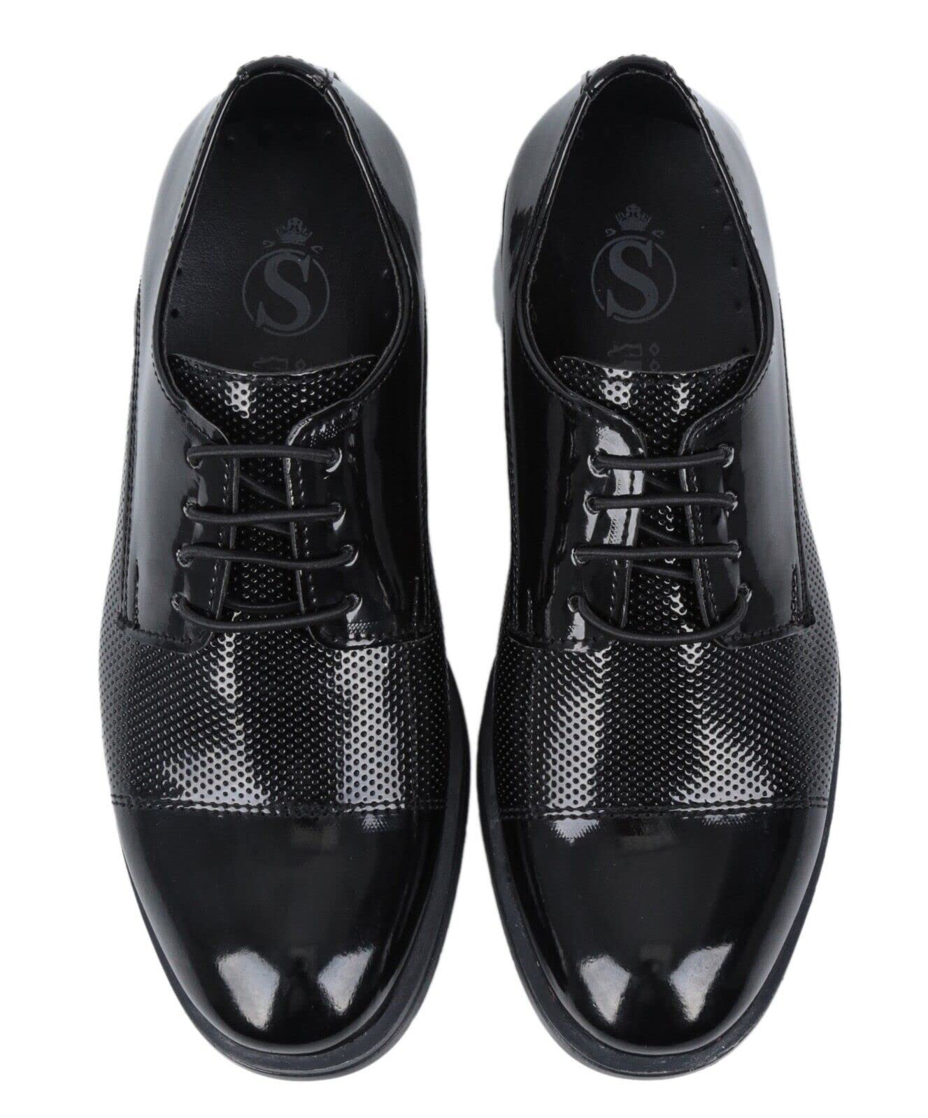 Boys Black Patent Leather Derby Dress Shoes with Dotted Design - Formal Lace-Up Oxfords for Wedding, Prom & Special Occasions - Perfect for School Dances, Graduation Ceremonies and Elegant Events