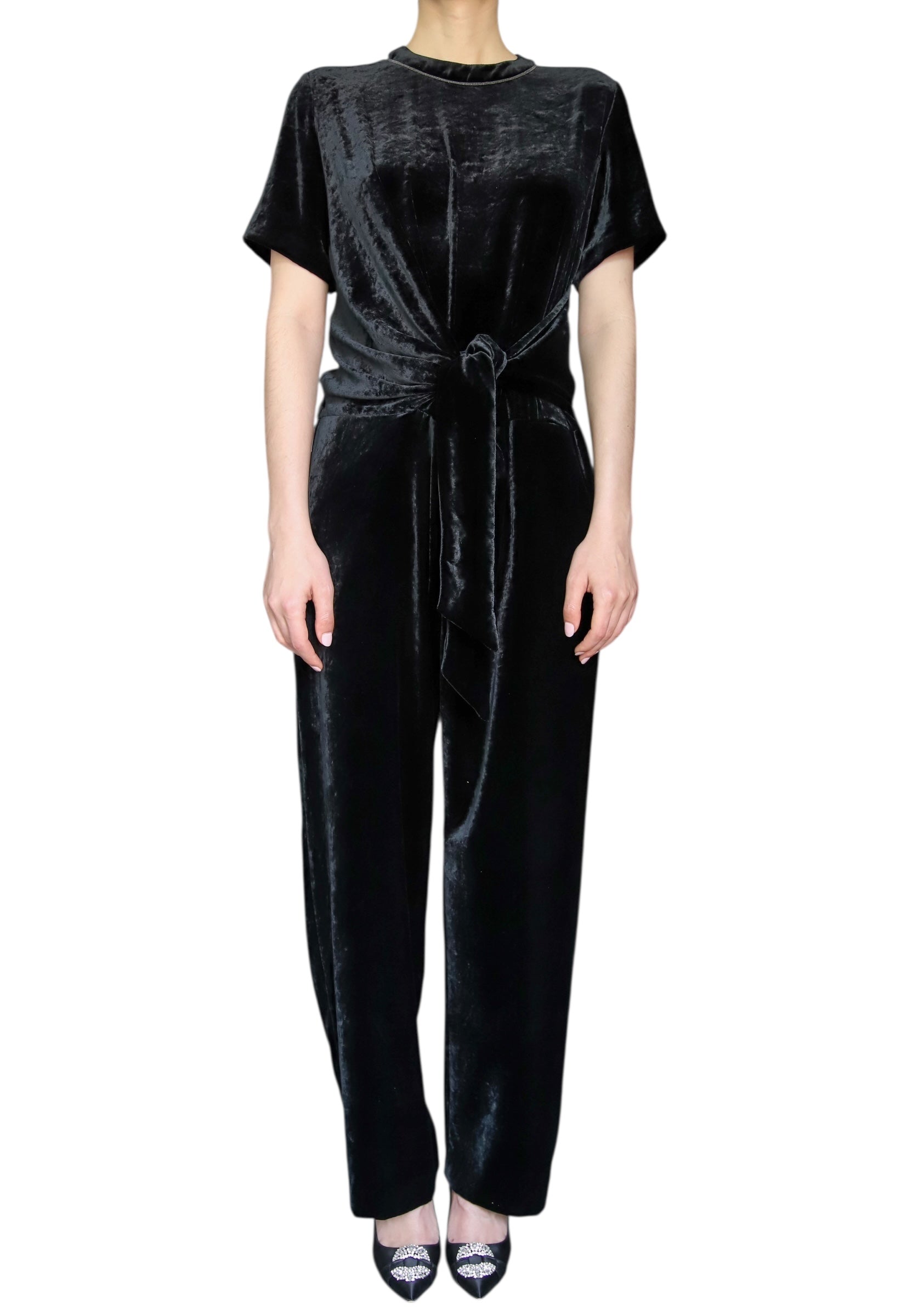 Brunello Cucinelli Black Velvet Monili Jumpsuit for Women Size M | Elegant Evening Wear for Parties & Special Occasions