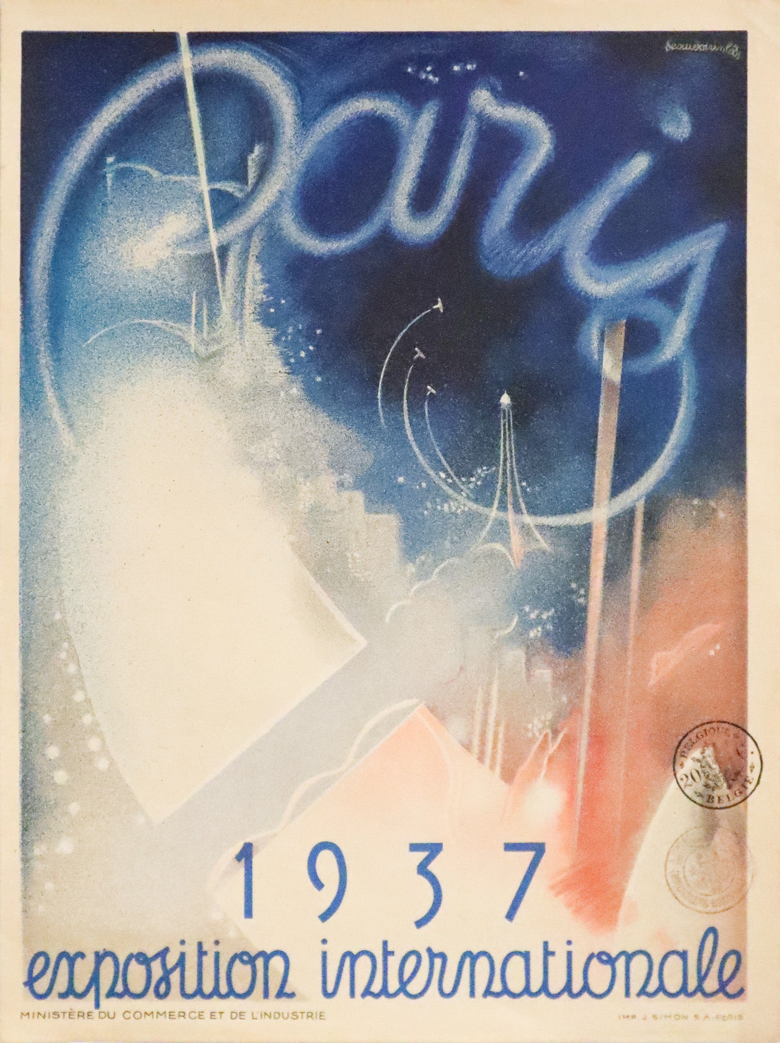 1937 French Exposition Internationale Exhibition Poster - Small Size with Belgian Stamps - Vintage Art Deco Wall Decor for Home, Office & Gallery Display