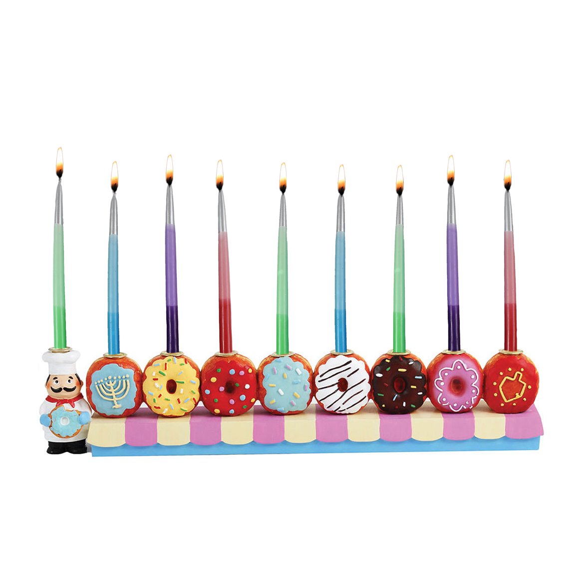 Hand-Painted Baker & Doughnuts Children's Candle Menorah - Traditional Chanukah Sofganiyot Design Fits Standard Hanukkah Candles - Collectible Hanukkiyah by Zion Judaica - Perfect for Kids' Hanukkah Celebrations & Jewish Holiday Decor