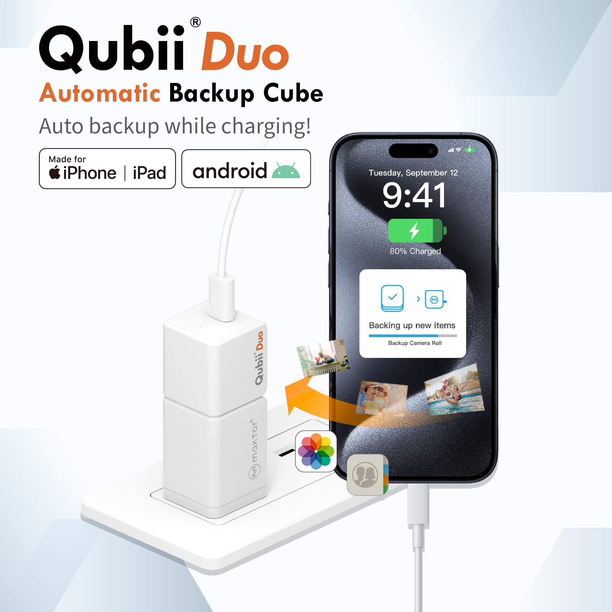 MAKTAR Qubii Duo USB-C Photo Storage Device - iPhone Backup Hard Drive for Photos & Videos | Auto-Sync, No MicroSD Needed | Perfect for Travel, Cloud Backup Alternative (White)