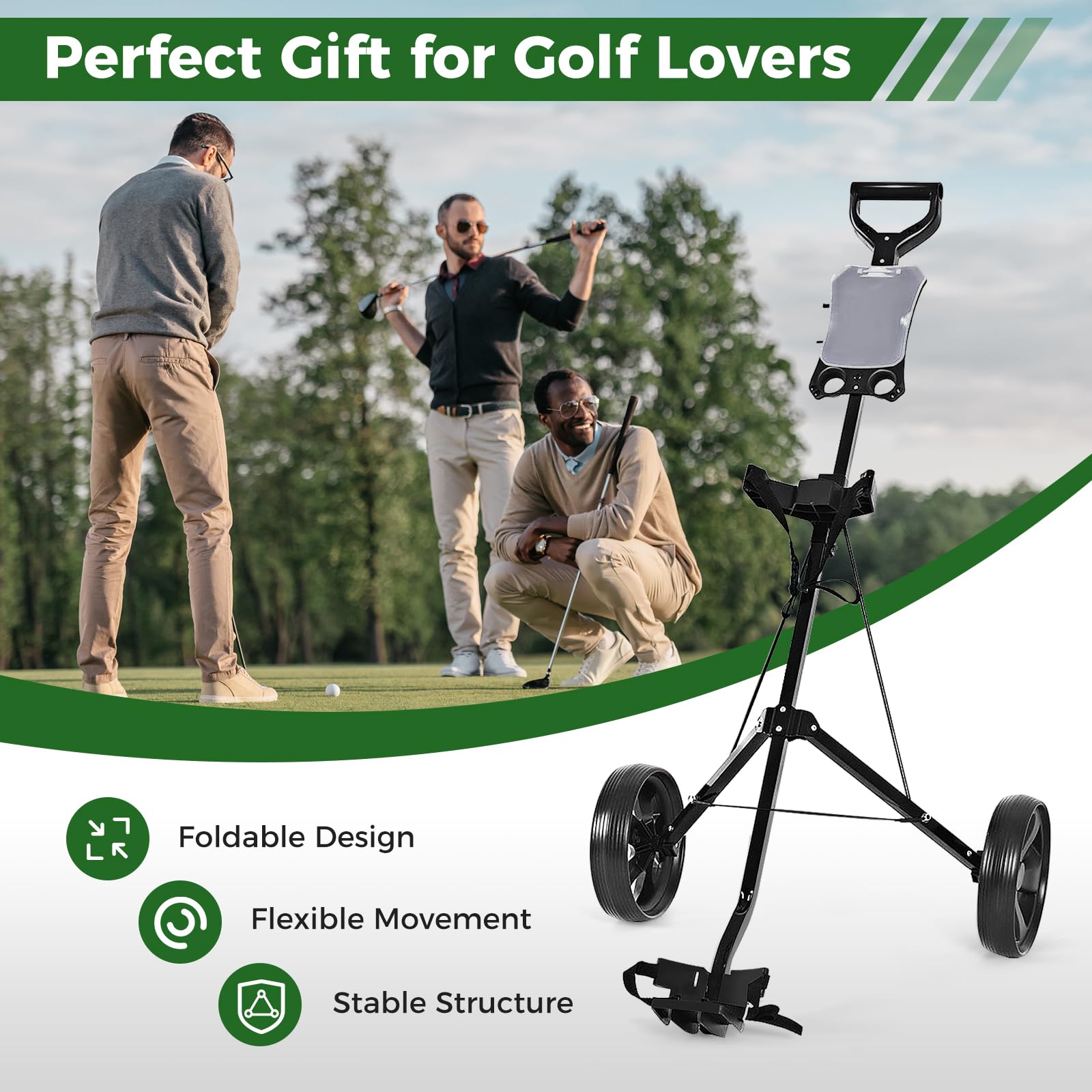 Premium 2 Wheel Golf Push Cart - Foldable Golf Trolley with Scorecard Holder, Upper/Lower Bracket & Elastic Straps | Lightweight Portable Golf Bag Caddy for Walking Courses | Perfect for Golfers, Seniors & Walking Enthusiasts on Any Terrain