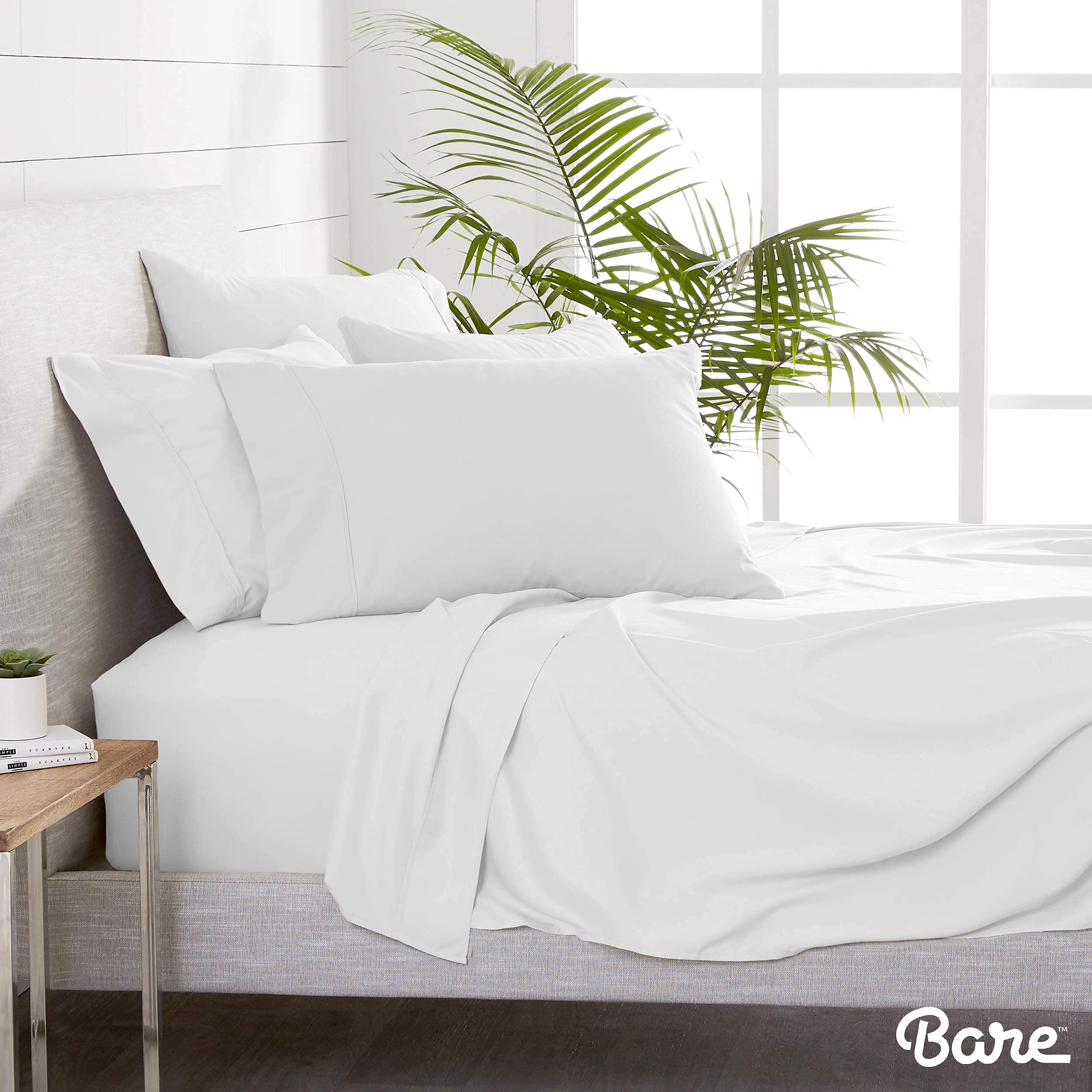 Bare Home 6-Piece Microfiber Bed Sheet Set with 4 Pillowcases - Full Size Cooling Soft Breathable Sheets in Cool White - Perfect for Guest Rooms, Dorms & Cozy Bedrooms