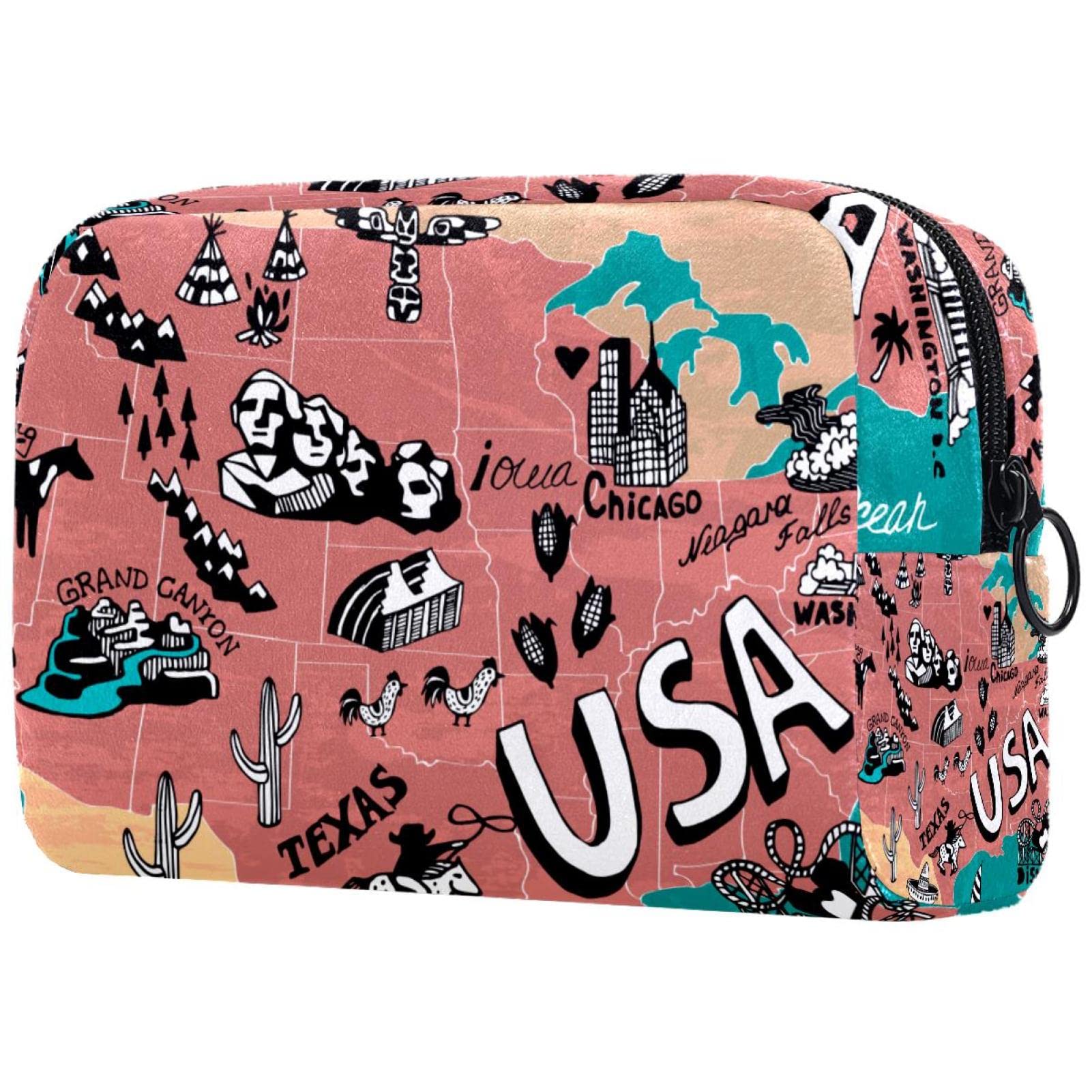 USA Map Print Women's Canvas Cosmetic Bag - Medium Makeup Pouch & Travel Organizer for Toiletries, Pencils, Brushes - Perfect Gift for Travelers & Students (Home, Office, Gym Use)