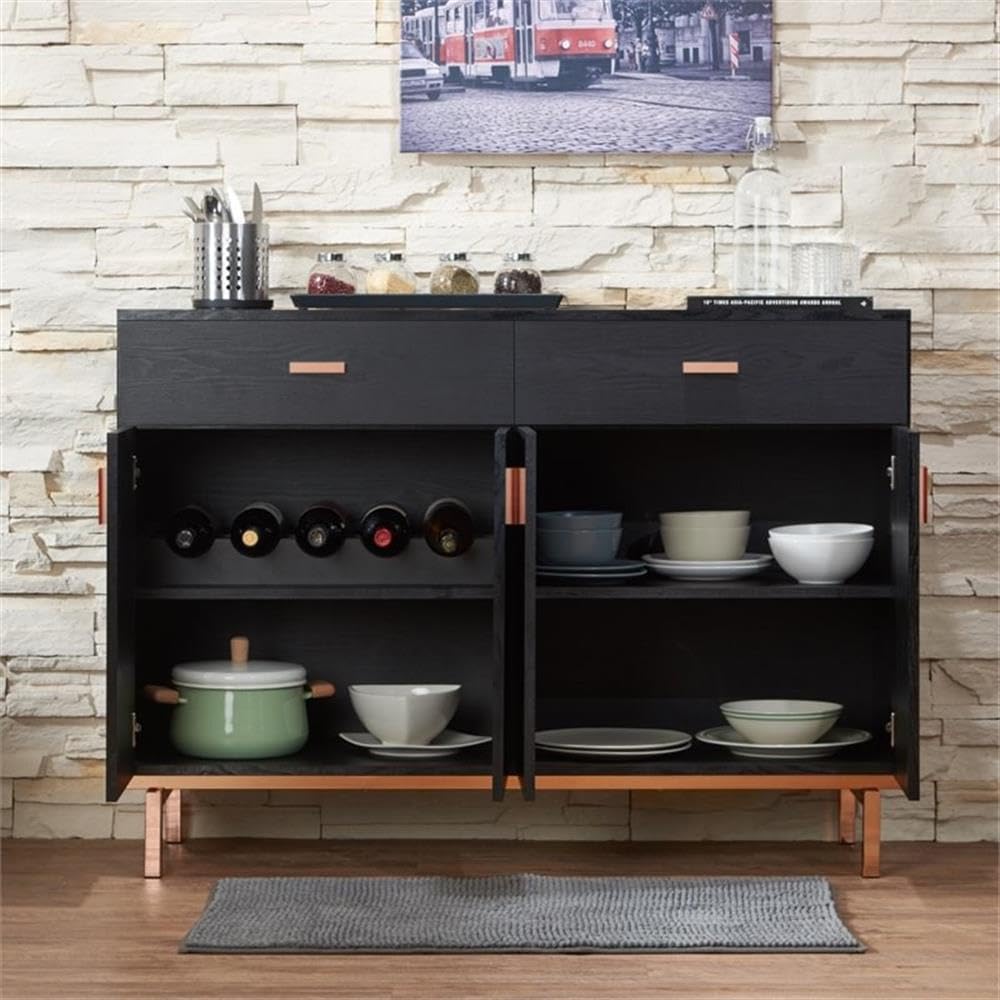 Allora 2-Drawer Wood Buffet Server in Black & Rose Gold - Elegant Sideboard for Dining Room, Living Room, or Entryway Storage