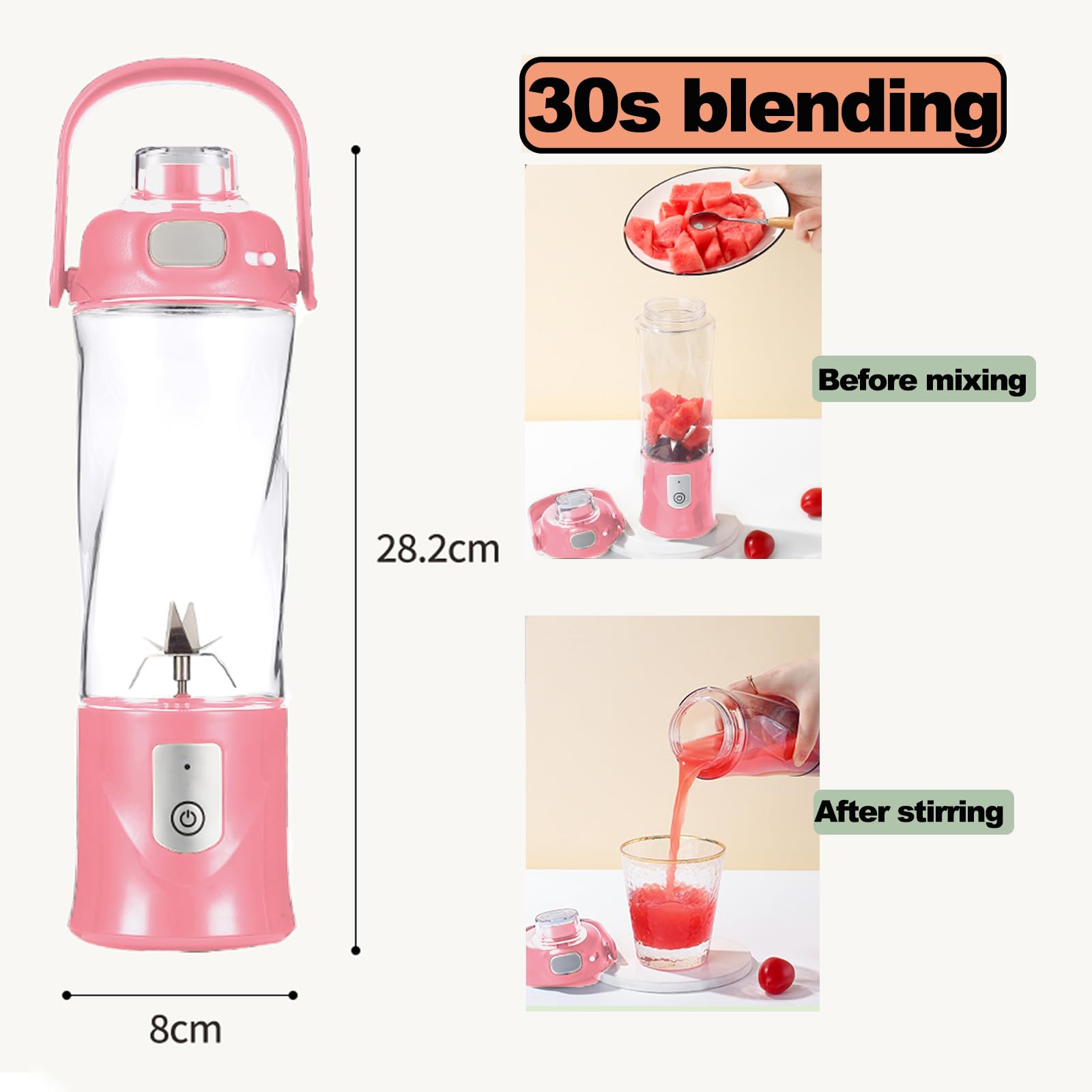 Portable Blender Cordless Personal Blender for Shakes & Smoothies - BPA Free Leakproof USB-C Rechargeable - Perfect for Ice Blending Juicing Food Processing - Great for Gym Office Travel Home Kitchen (Light Pink)