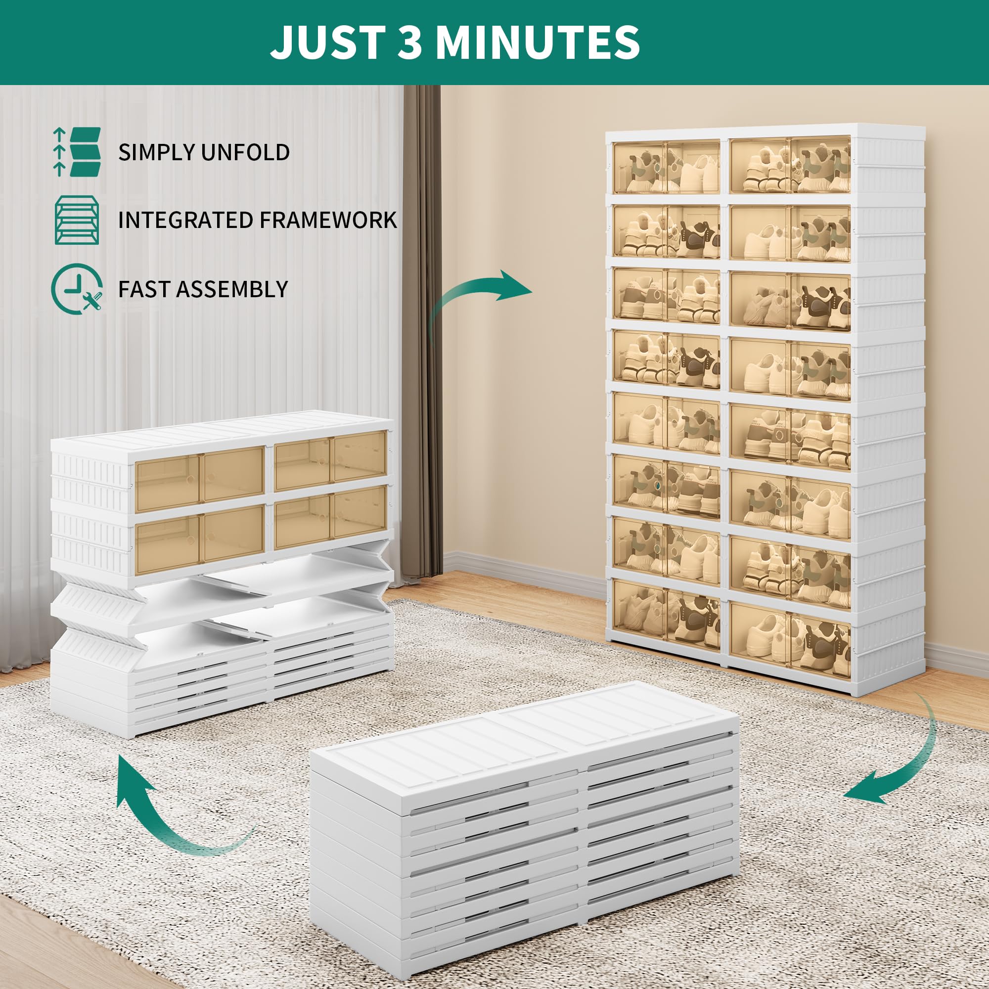 YITAHOME 8-Tier 32-Pair Shoe Rack with Magnetic Doors - Foldable Shoe Storage Cabinet for Entryway, Closet & Living Room - Space-Saving Sneaker Organizer for Small Spaces (White) | Perfect for Apartments, Dorms & Home Organization