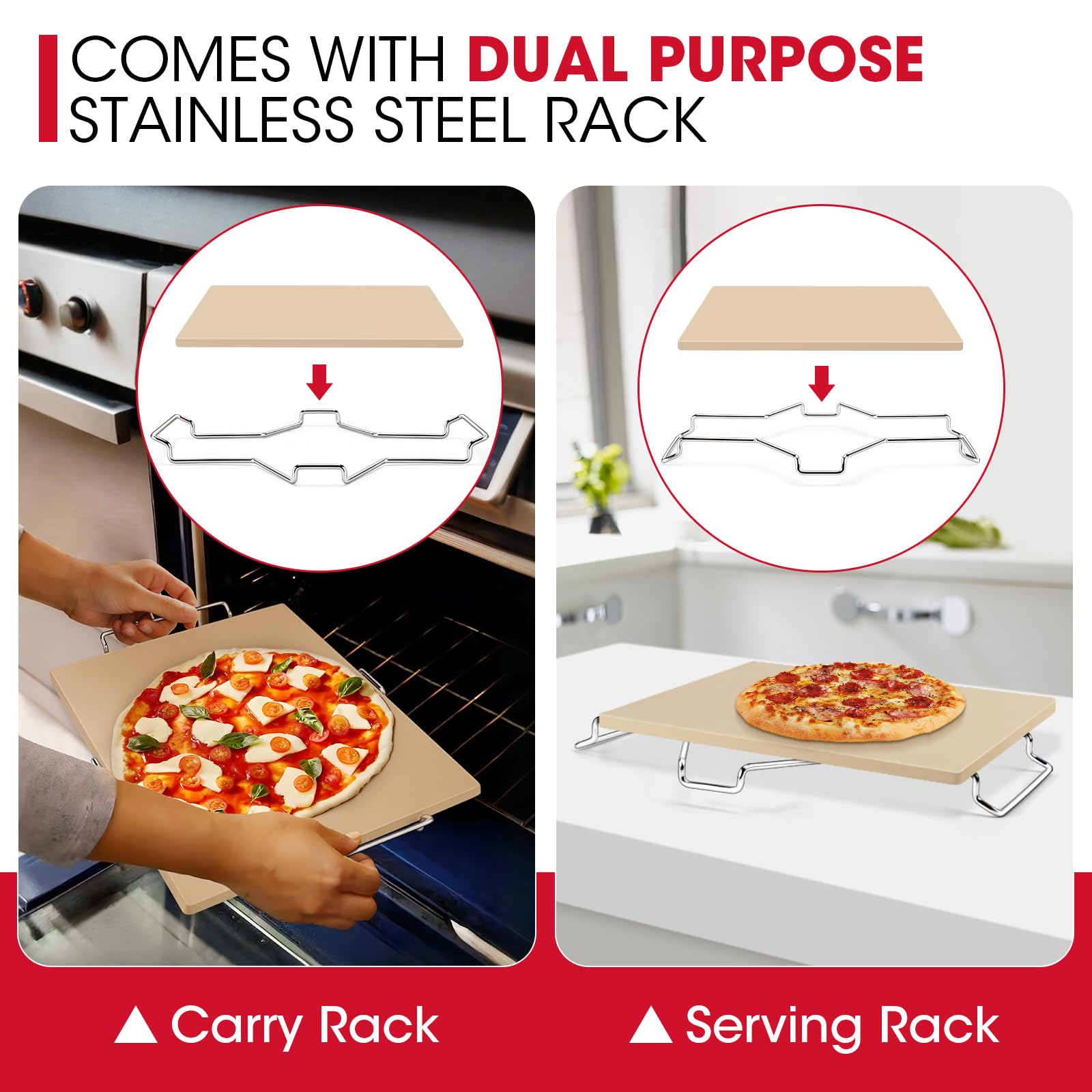Unicook 16 x 14 Inch Cordierite Pizza Stone for Oven & Grill - Rectangular Baking Stone for Bread, Pizza, Cookies - Includes Carry Rack & Dough Scraper - Perfect for Home Baking, Outdoor BBQ & Restaurant Use