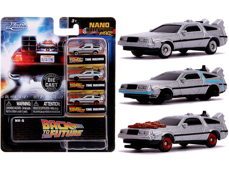 Back to the Future Time Machine Diecast Model Car Set - 3-Piece Nano Hollywood Rides Collection by Jada - Perfect for Movie Fans, Collectors and Gift Giving