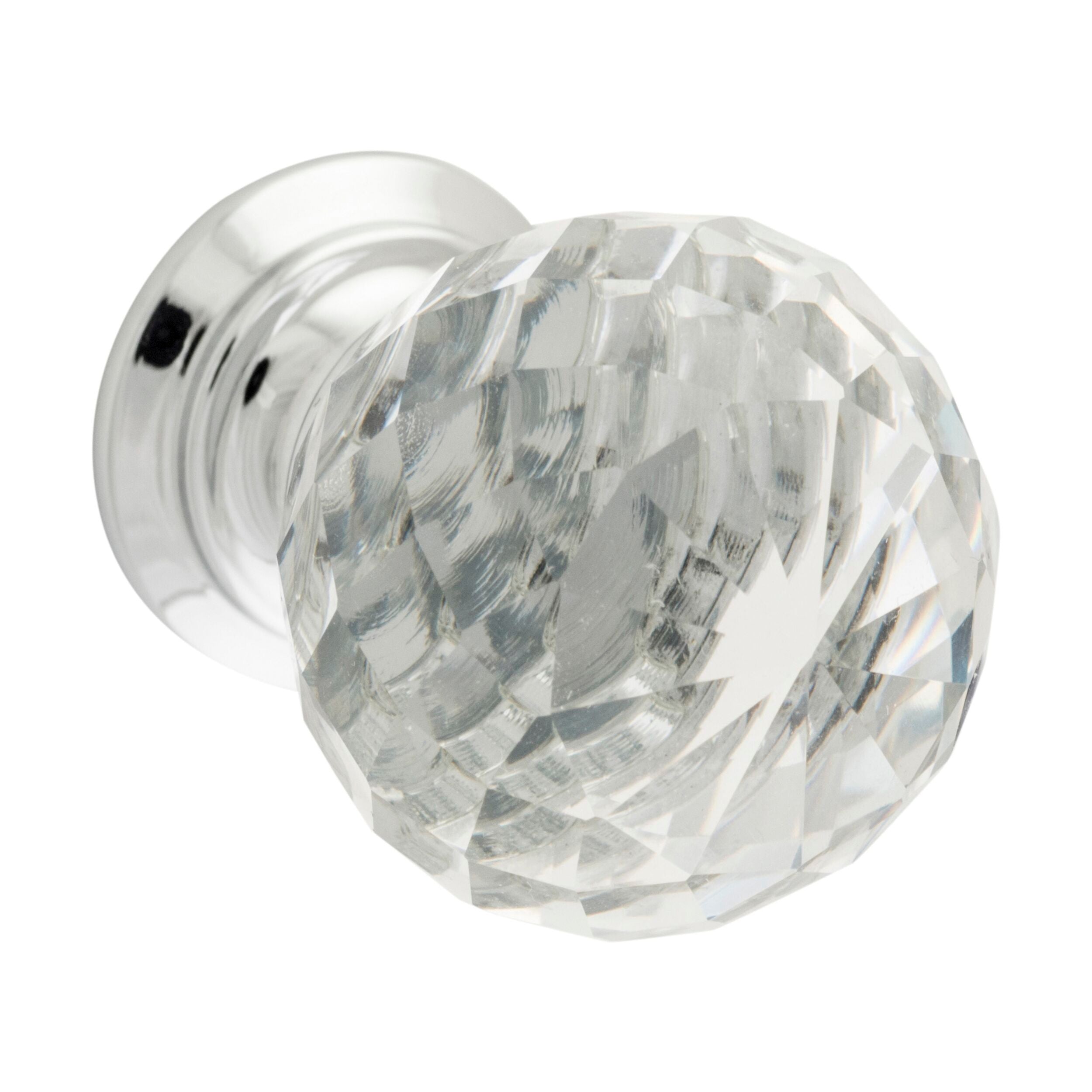 9540 Crystal Clear Glass Cupboard Knob - Diamond Cut Chrome Plated (D25xP35mm BP20mm) - Elegant Cabinet & Drawer Pulls for Kitchen, Bathroom & Furniture Upgrade