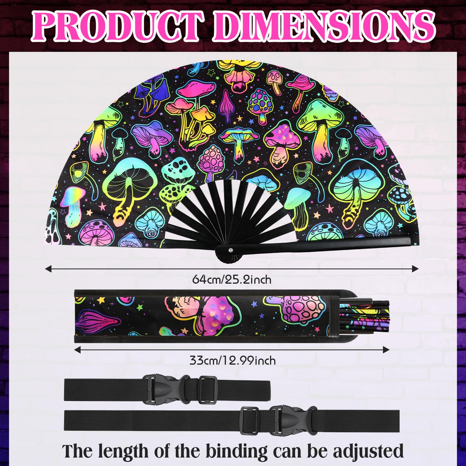 UV Glow Hand Fan with Holster for Rave & EDM Festivals - Large Reflective Mushroom Design Disco Party Accessories for Men & Women - Perfect for Nightclubs, Music Festivals and Glow Parties
