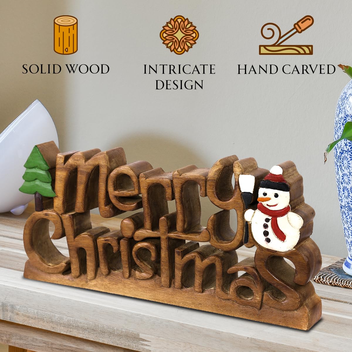 Handcrafted Merry Christmas Centerpiece - Solid Wood Holiday Decor for Living Room, Dining Table, Farmhouse & Coffee Table | Perfect Christmas Gift & Housewarming Present for Festive Home Decor