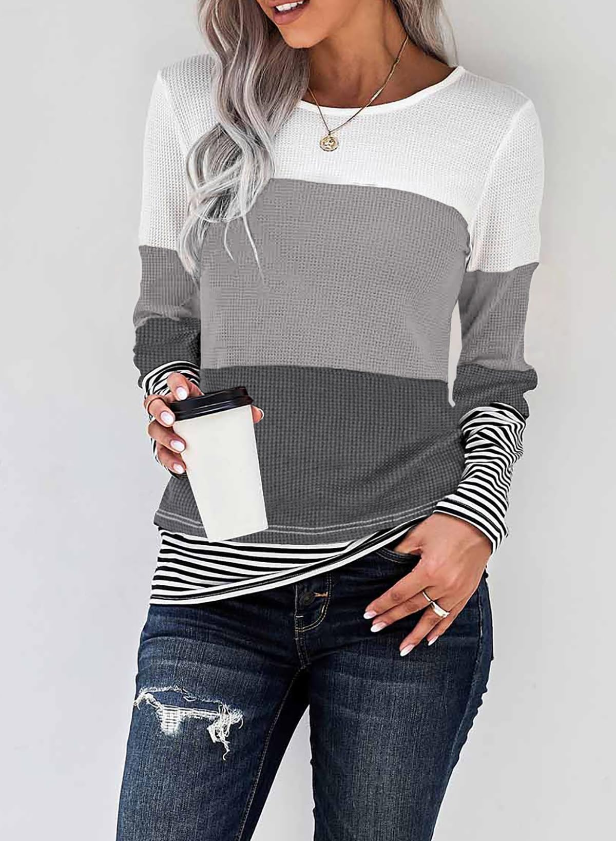 Dokotoo Women's Casual Long Sleeve Crewneck Pullover Sweater - Color Block Stripes Waffle Knit Top for Fall | Cozy Autumn Outfits, Layering Essential, Office & Weekend Wear