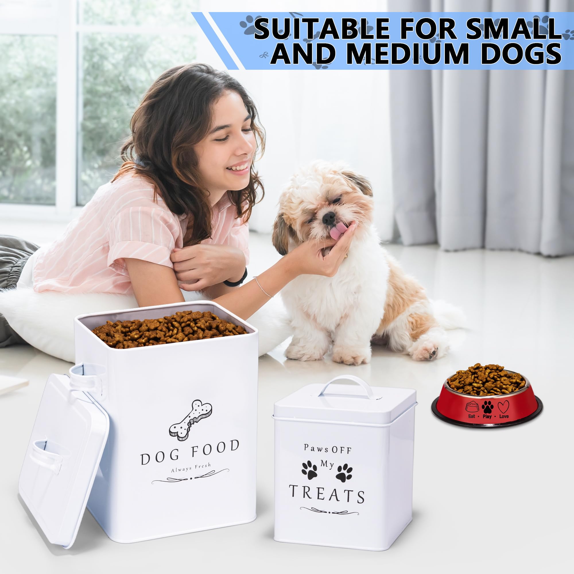 Meraki Home Small Dog Food Container with Tight Lid - Includes Feed Scoop & Pet Bowl - Farmhouse Style Metal Storage Bin for Dry Dog Food & Treats - Glossy White - Perfect for Kitchen Pantry or Pet Feeding Station Organization