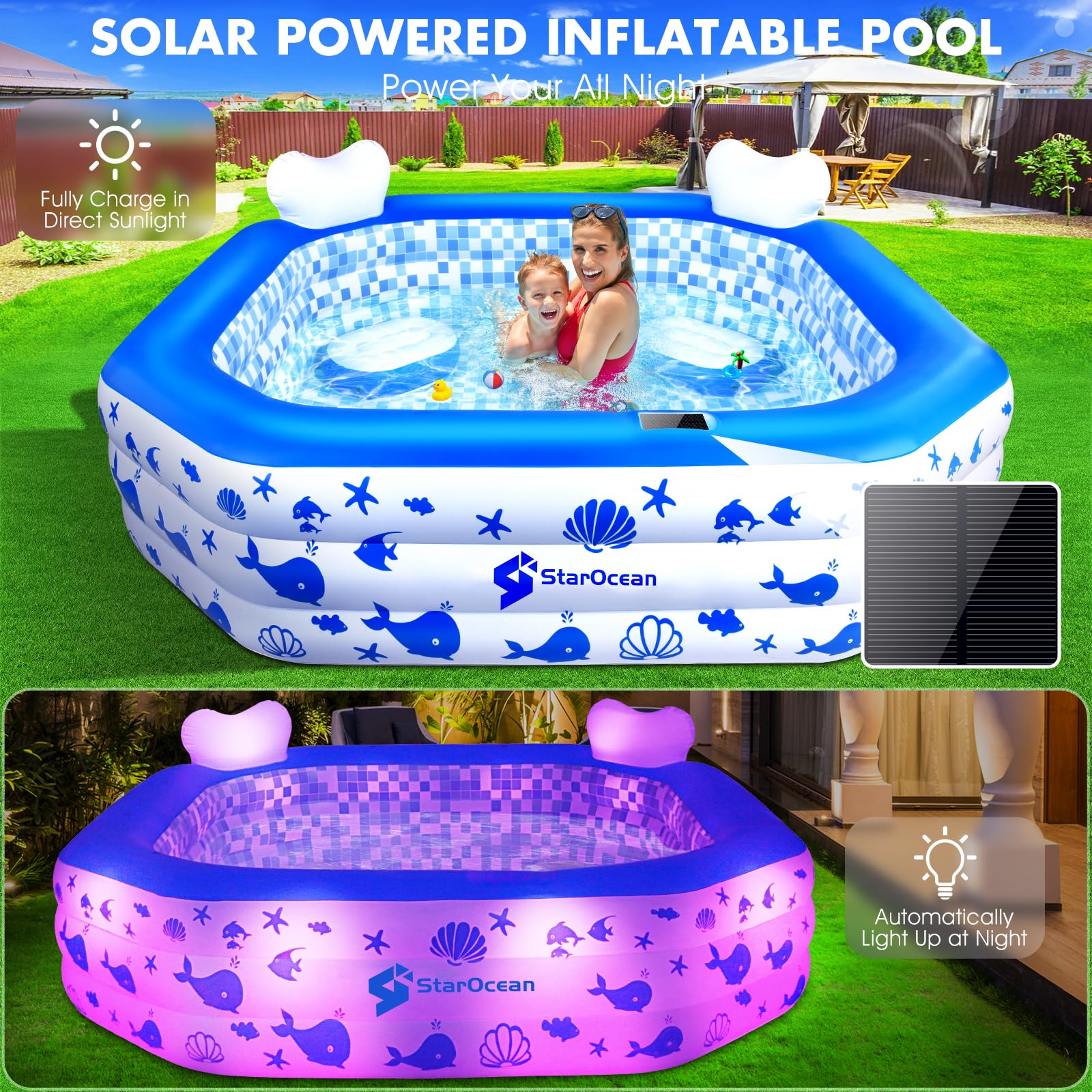 **Solar-Powered Inflatable Pool with LED Lights for Kids & Adults – 90
