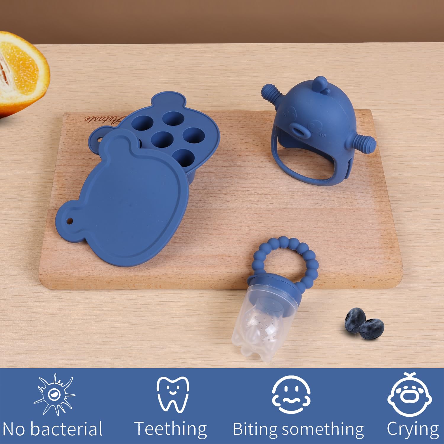 Baby Fruit Feeder Pacifier - 3 Pack Set with Mesh Feeder, Teething Toys & Popsicle Molds | Safe Silicone Teether for Breastmilk & Baby Food | BPA-Free Infant Feeding Essentials | Perfect for Soothing Sore Gums & Introducing Solids | Steel Blue