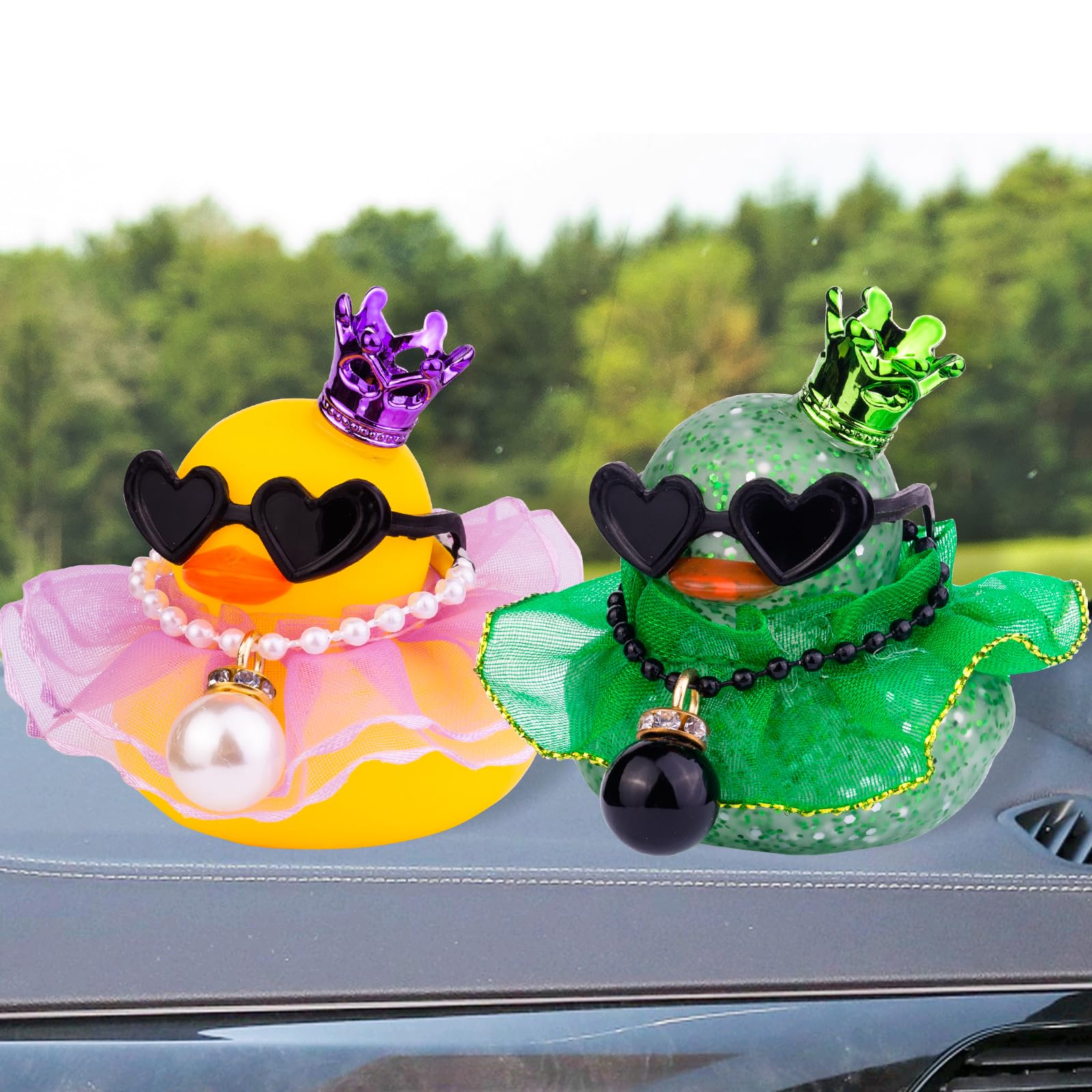Rubber Duck Car Dashboard Decoration with Mini Crown, Skirt, Necklace & Glasses - Cute Car Accessories for Dashboard, Office Desk, and Party Decor - CF038A