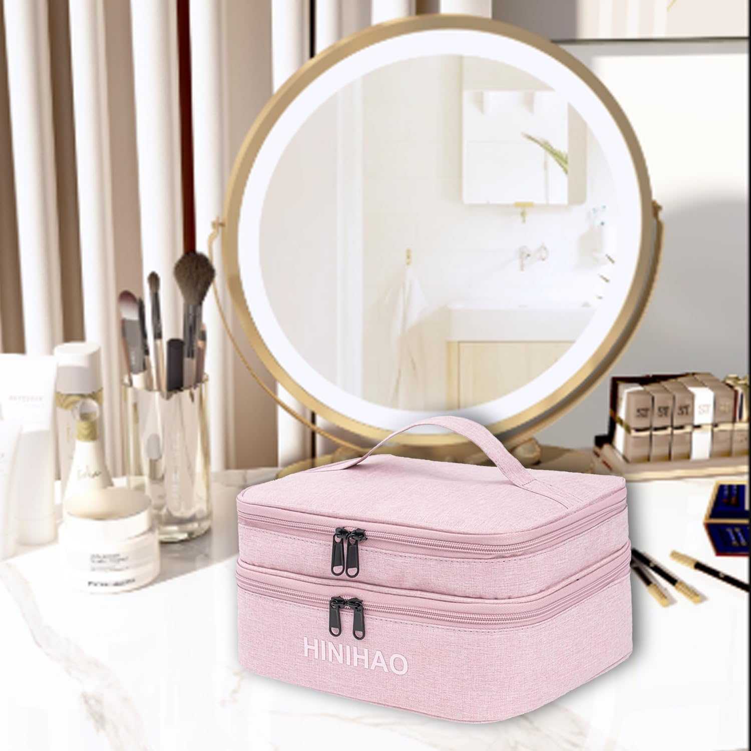 Portable Travel Makeup Bag with Handle & Adjustable Dividers - Double Layer Cosmetic Organizer with Brush Storage - Pink Small Makeup Pouch for Women | Perfect for Travel, Gym & Daily Beauty Essentials