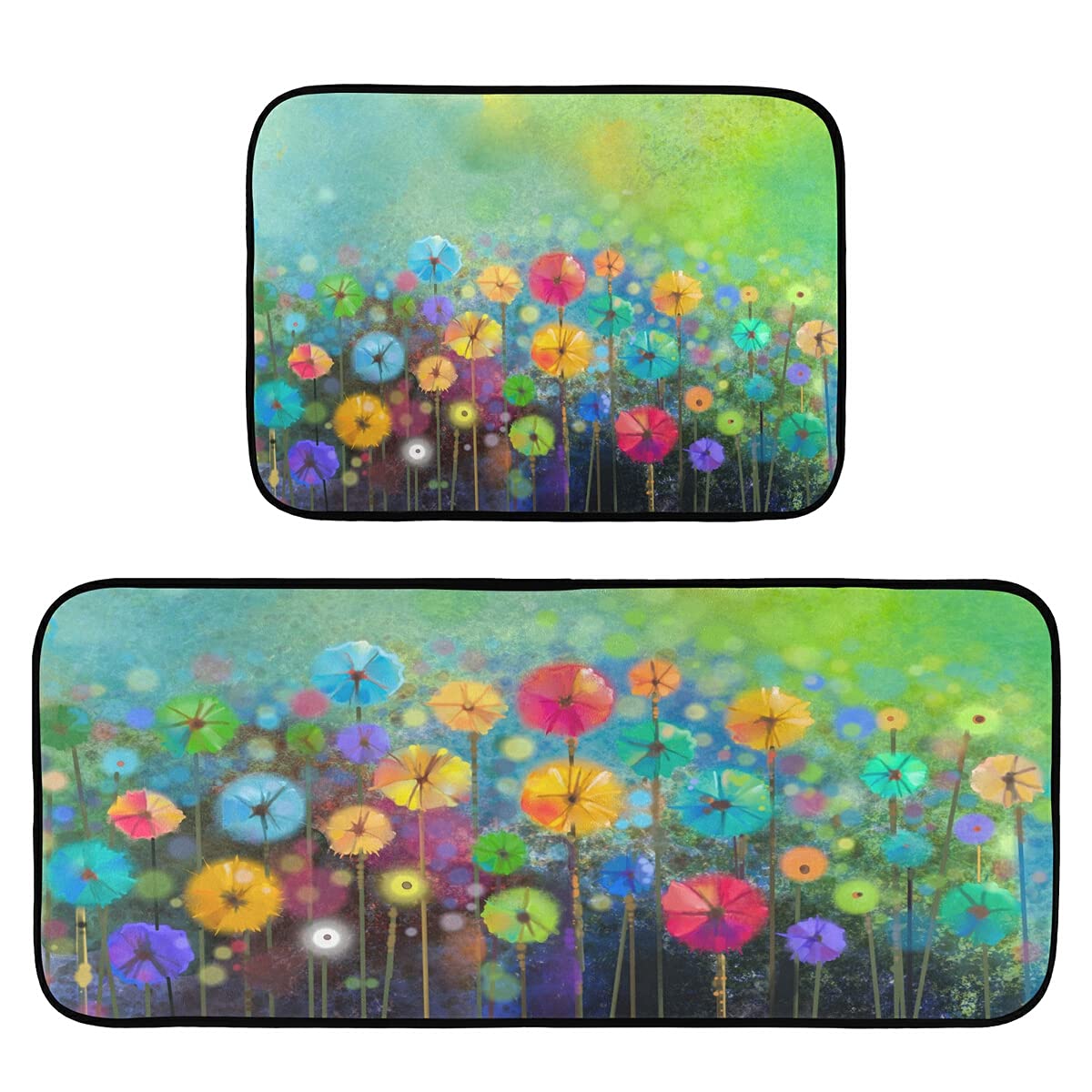 Non-Slip Washable 2-Piece Spring Flower Kitchen Rugs Set - Colorful Rainbow Floor Mats for Home Decor, Perfect for Kitchen, Dining Room & Entryway