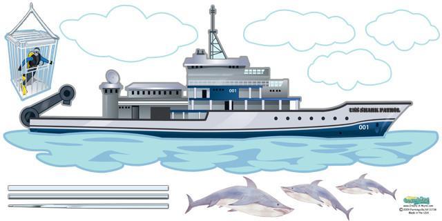 Shark Ship & Divers Underwater Mural Wall Decal - Perfect for Kids' Room, Nursery, or Ocean-Themed Decor