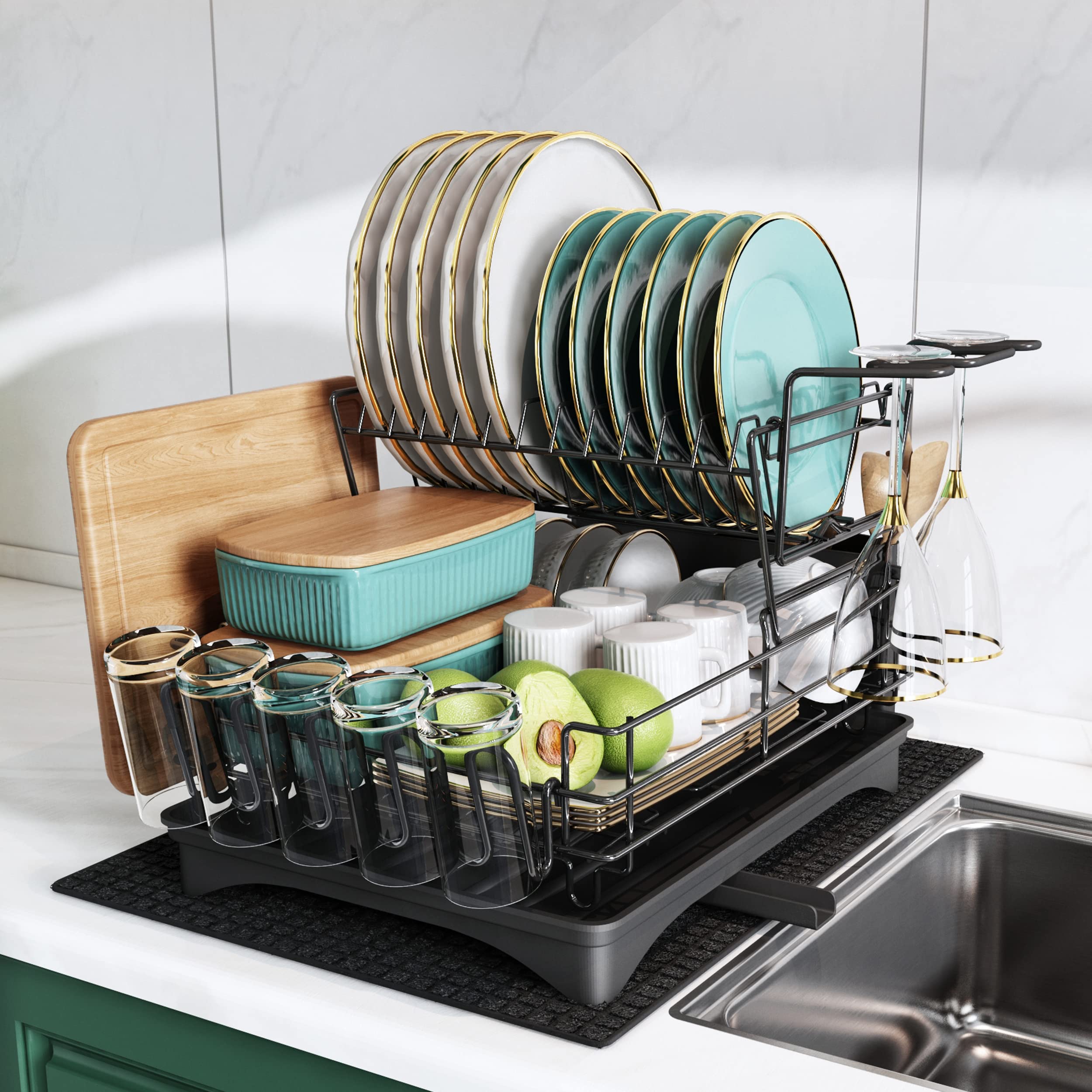 MAJALiS Stainless Steel 2-Tier Dish Drying Rack with Drainboard - Large Kitchen Counter Sink Organizer with Utensil & Cup Holders, Includes Extra Drying Mat (Black) - Perfect for Small Kitchens, Apartments, and Dish Storage Solutions
