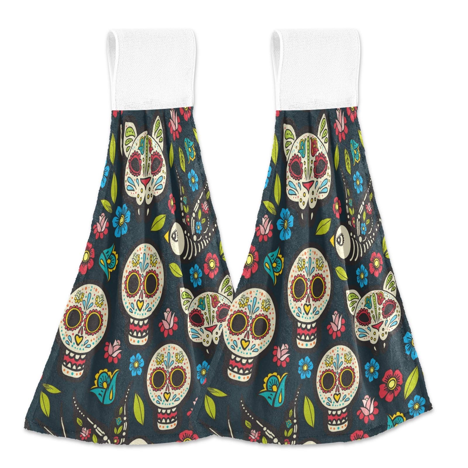 Alaza Mexico Sugar Skull Cat Floral Kitchen Towels - Absorbent & Fast Drying Dish Towels Set of 2 with Hanging Loop - Perfect for Mexican Themed Kitchens, Dia de Los Muertos Decor & Gift Giving