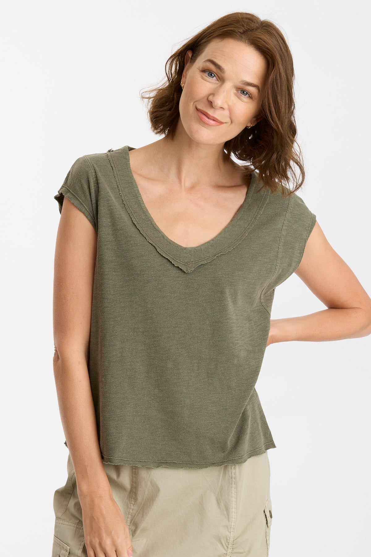 Organic Neela V-Neck Kombu Pigment Dyed T-Shirt for Women - Soft & Breathable Cotton Top for Casual Wear, Yoga, and Everyday Comfort