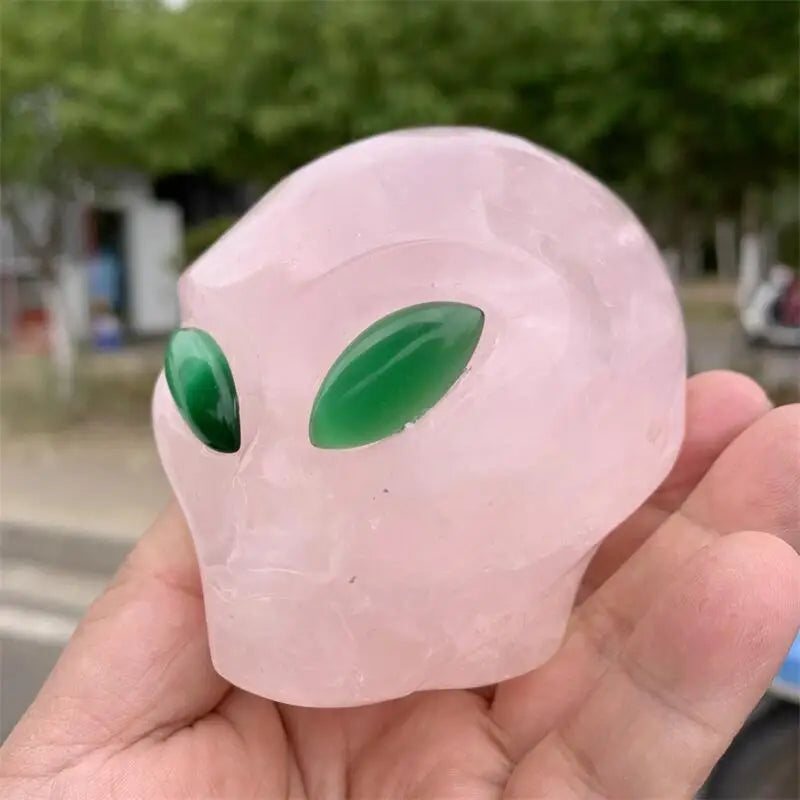 Hand Carved Natural Rose Quartz Crystal Alien Skull - Healing Reiki Stone, Halloween Decor, Unique Gift for Home & Office | Meditation, Feng Shui, Spiritual Decorations