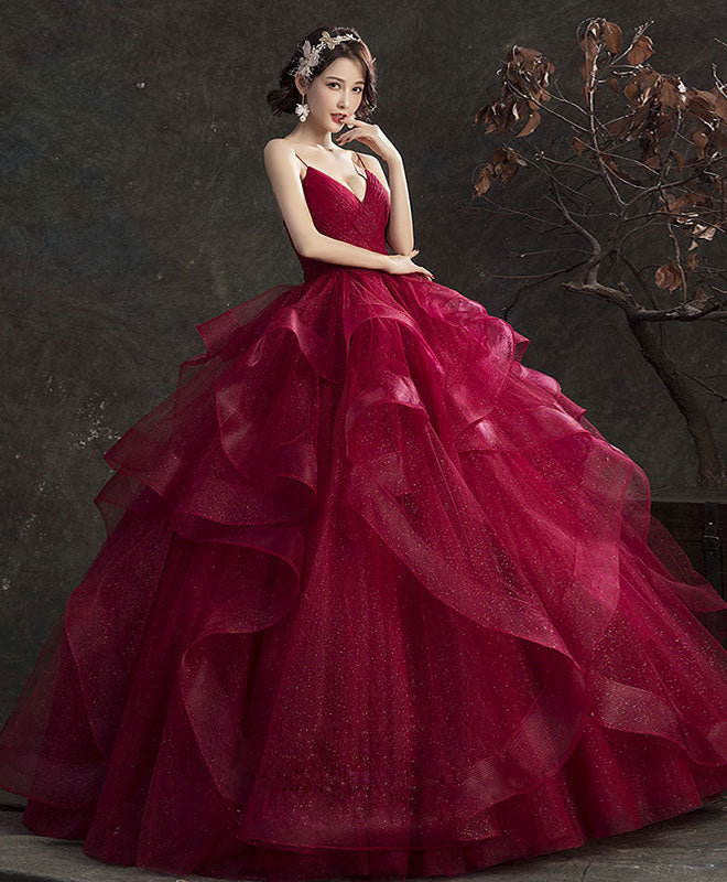 Elegant Burgundy V-Neck Tulle Long Prom Dress with Sweetheart Neckline - Size 16 | Formal Evening Gown for Homecoming, Ball, Quinceañera & Special Occasions