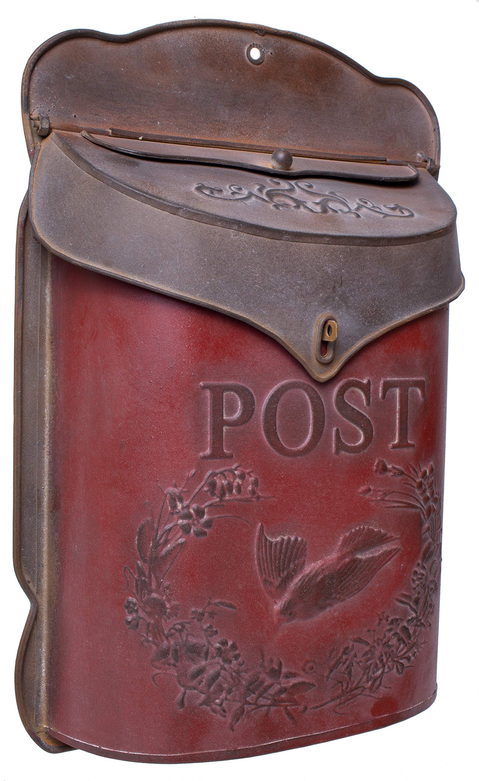 Vintage Red Shabby Chic Metal Wall-Mounted Mailbox - 10.5” x 15.5” Rustic Embossed Post Box for Home & Garden Decor - Perfect for Farmhouse, Cottage, or Porch Decoration