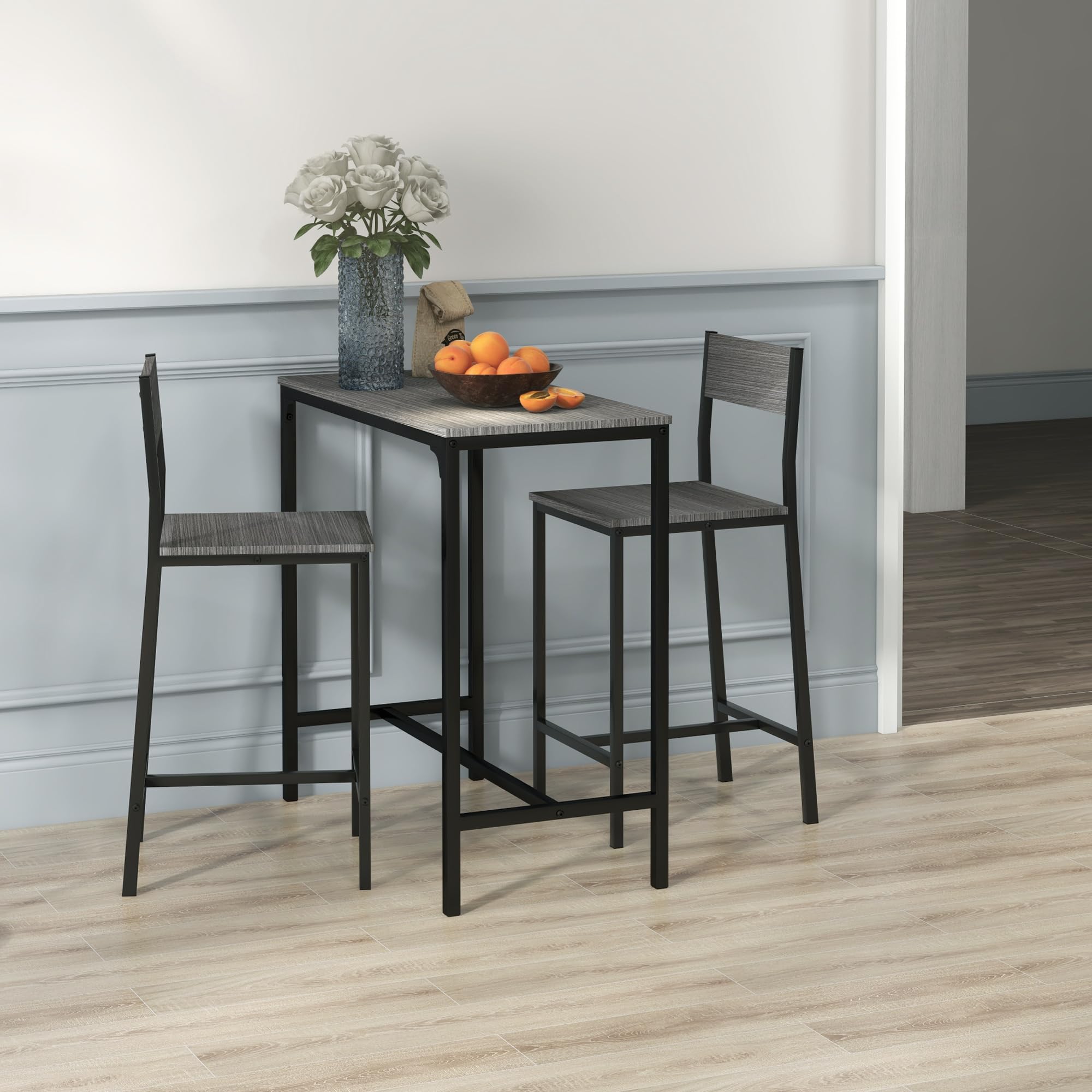 HOMCOM 3-Piece Industrial Bar Table and Chairs Set - Counter Height Kitchen Dining Table with 2 Bar Stools, Small Space Breakfast Nook Set in Gray - Perfect for Apartments, Kitchens & Compact Dining Areas