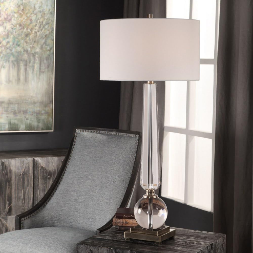 Elegant 1-Light Crystal Table Lamp with White Linen Drum Shade - 3-Way Switch - Perfect for Bedroom Nightstand, Living Room End Table, or Office Desk Lighting