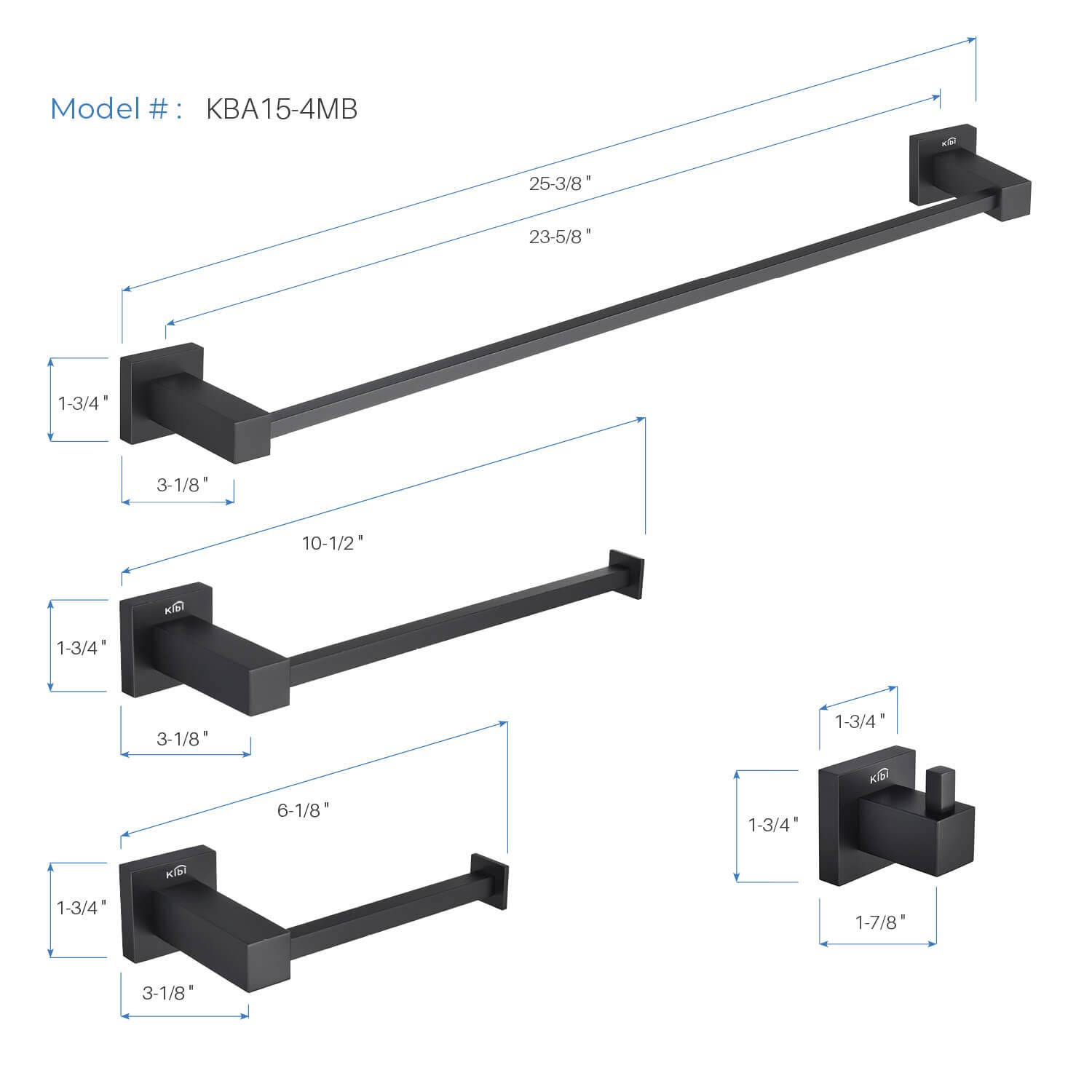 KIBI Cube 4-Piece Bathroom Hardware Set - Solid Brass Towel Bar, Towel Ring, Toilet Paper Holder & Robe Hooks | Matte Black Finish | Durable Bath Accessories for Modern Home & Luxury Hotel Style (C-KBA15-4) | Perfect for Bathroom, Spa & Guest Room Decor