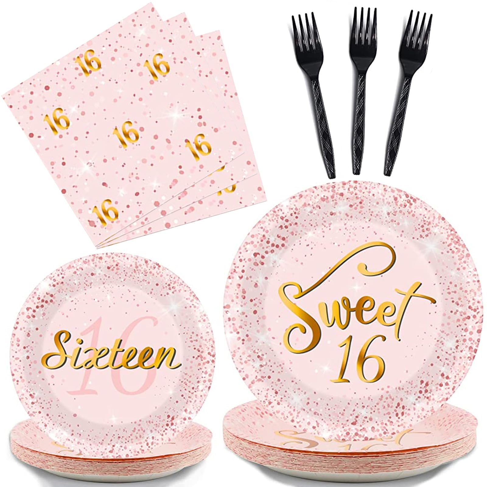96 Pcs Rose Gold Sweet 16 Birthday Party Plates & Napkins Set - 16th Birthday Party Decorations, Tableware & Favors for Girls - Serves 24 Guests - Perfect for Sweet Sixteen Party, Quinceañera, Teen Birthday Celebrations