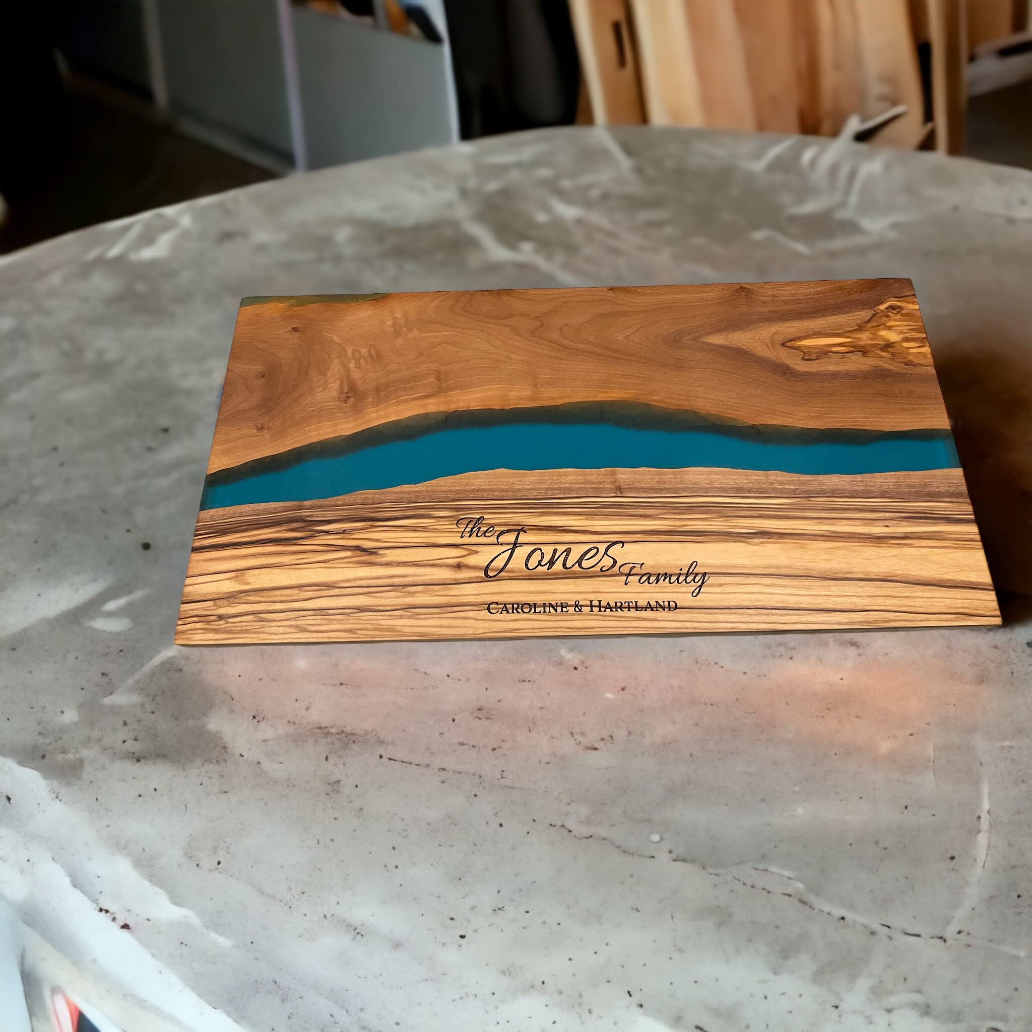 Handmade Personalized Olive Wood and Resin Charcuterie Board - Unique Wedding, Engagement, Anniversary & Housewarming Gift (Elegant Blue) - Perfect for Cheese Platters, Charcuterie Displays & Entertaining Guests