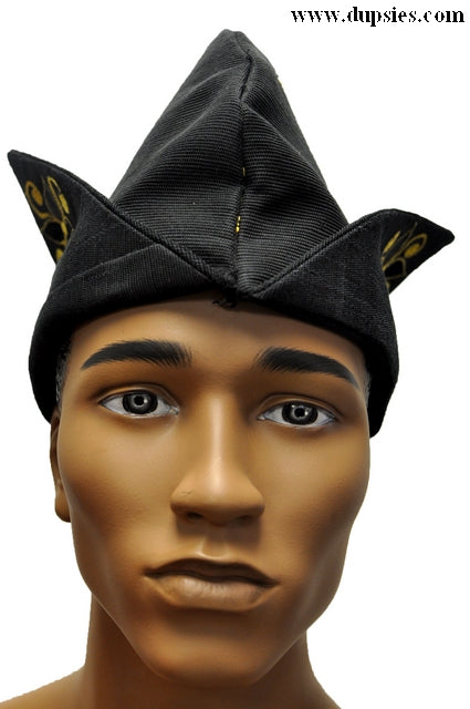 Awoni Black & Gold Abeti Aja Aso Oke Hat - Traditional Nigerian Kufi Cap DPH423 for Weddings, Cultural Events & African Fashion