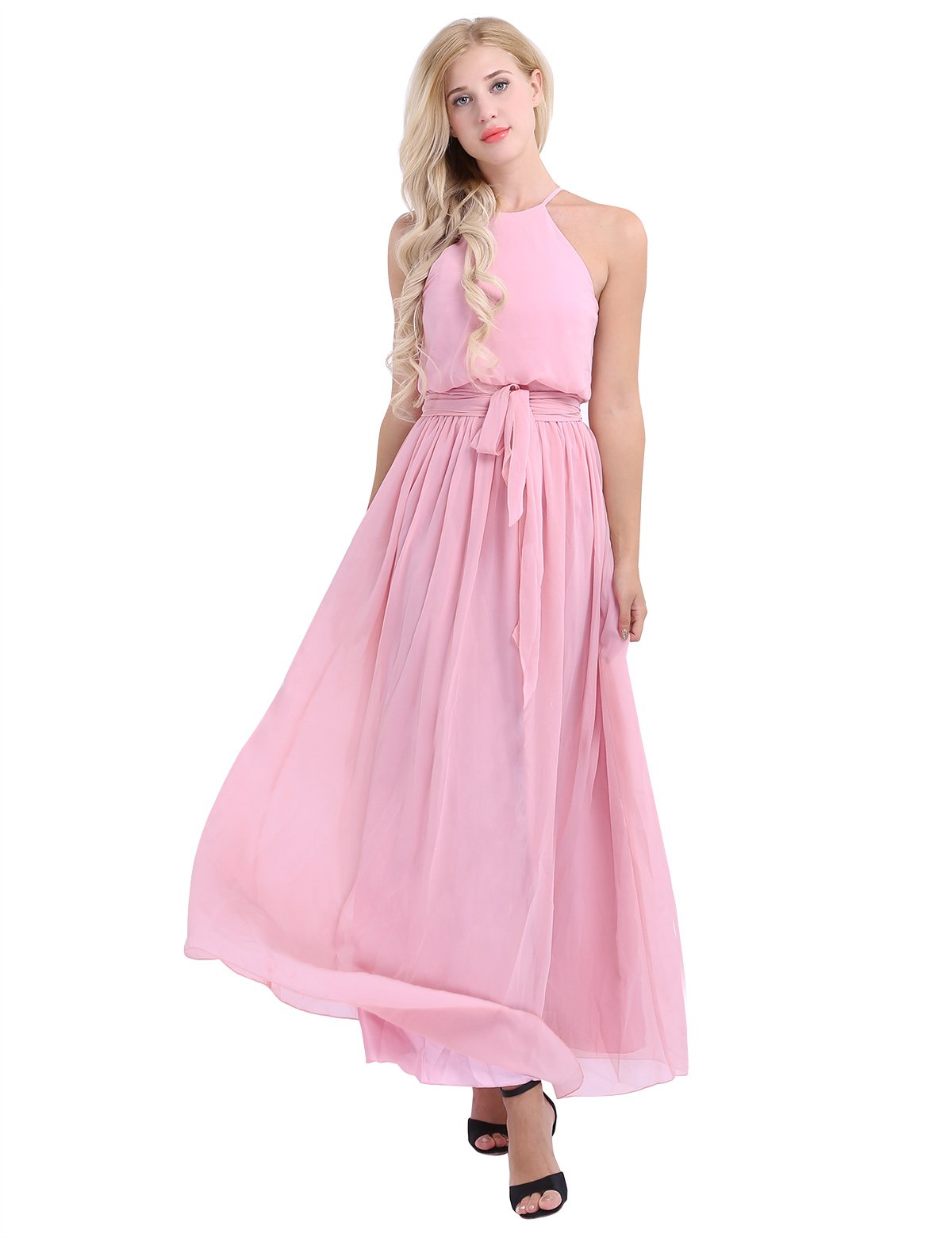 Elegant Chiffon Halter Neck Bridesmaid Maxi Dress for Women - Formal Evening Party, Prom, Wedding Guest Gown - Perfect for Special Occasions & Red Carpet Events