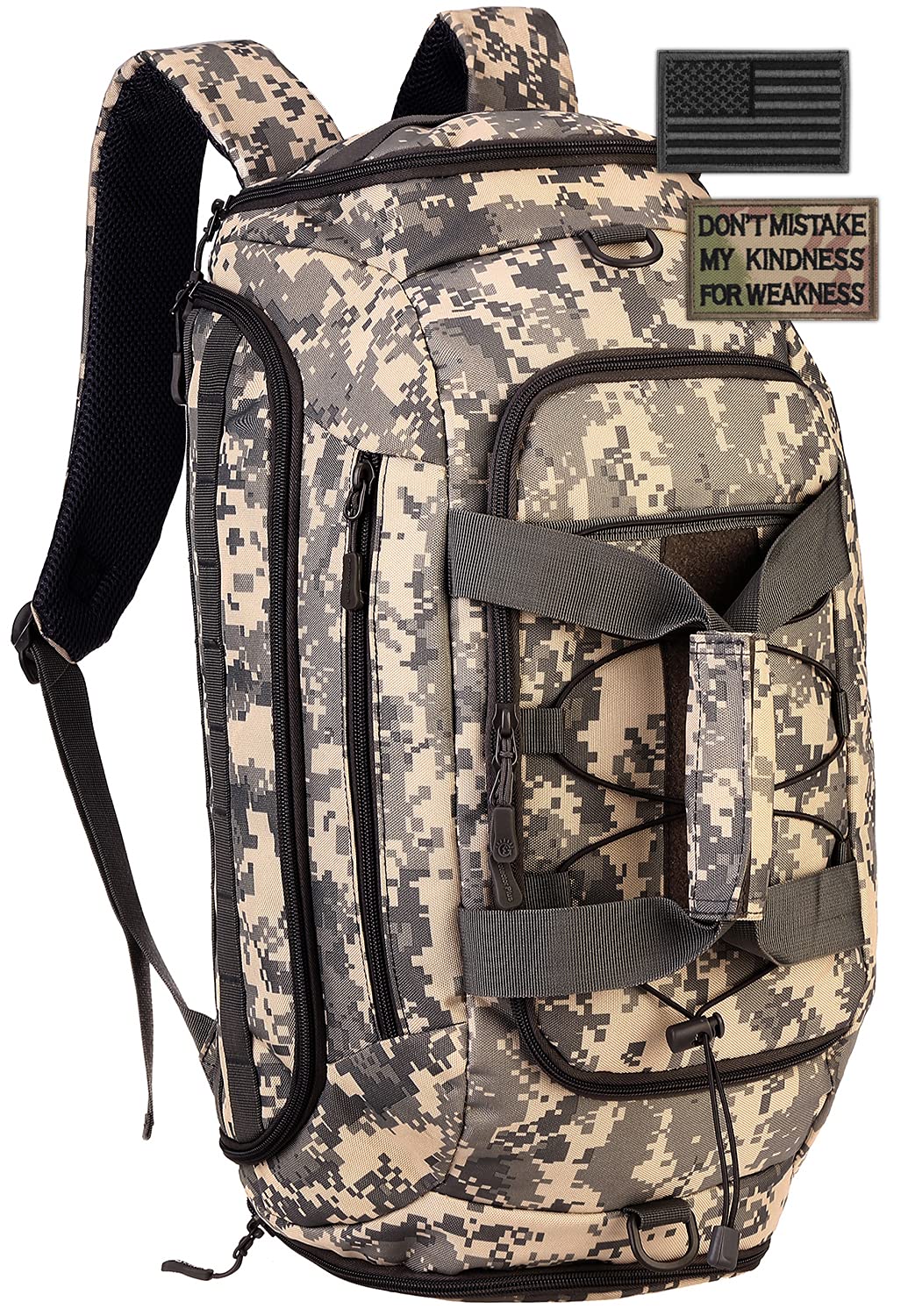 SunForMorning Tactical Duffle Bag 35L - Military Grade MOLLE Backpack for Gym, Travel & Outdoor Camping | Waterproof Rain Cover & 2 Patches Included (ACU Camo) | Perfect for Hiking, Workout & Tactical Gear Storage