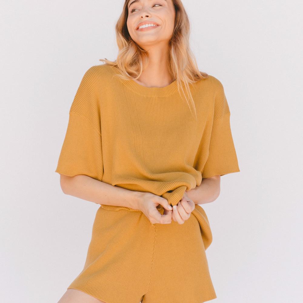 Alex Knit Tee Mustard Yellow - Women's Casual Short Sleeve T-Shirt for Everyday Wear, Outfits & Layering