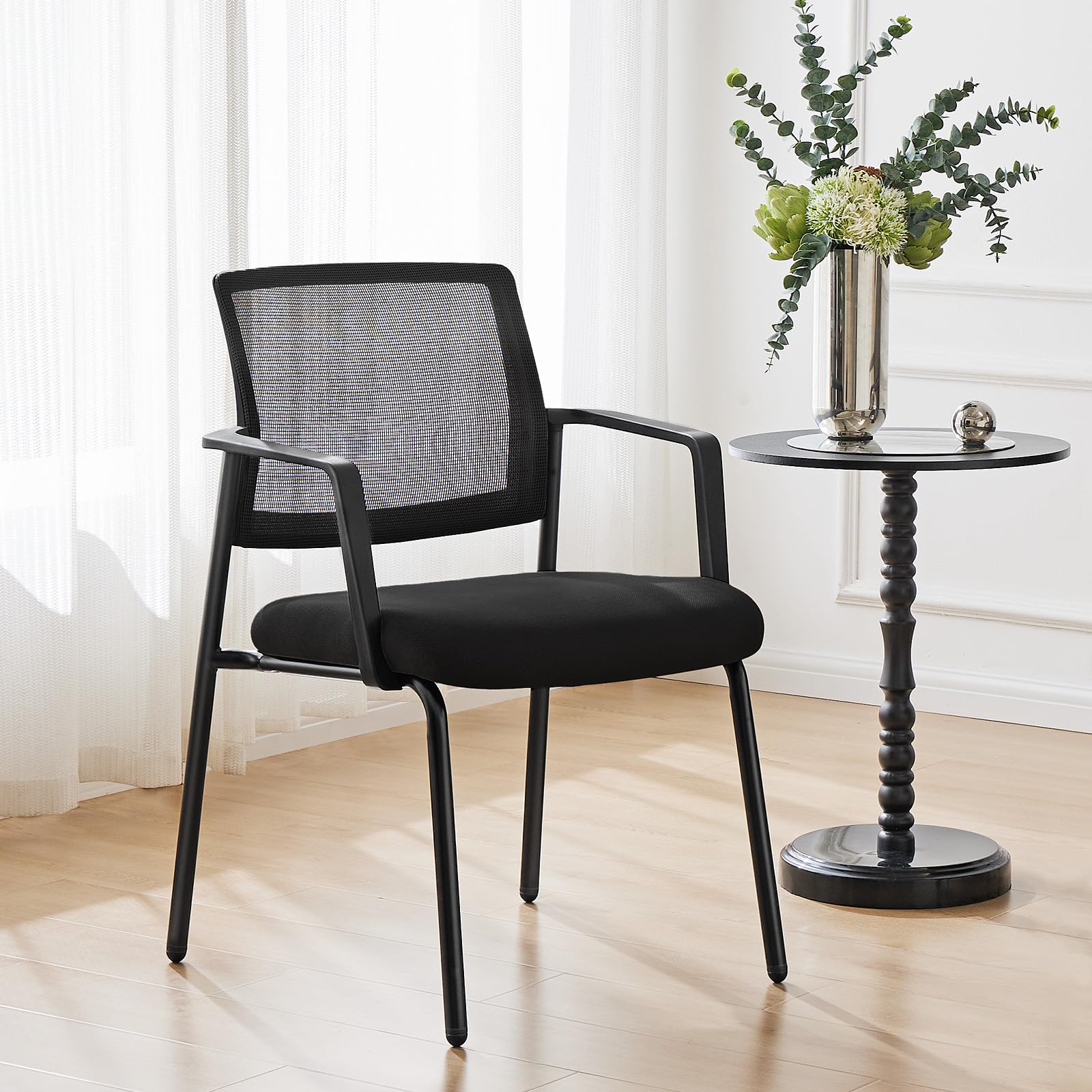 Sweetcrispy Mesh Back Stacking Arm Chairs 1 Pack - Breathable Upholstered Fabric & Sturdy Metal Frame - Easy to Store Indoor/Outdoor Stackable Chairs for Home, Office, Party - Comfortable Black Seating for Dining, Events & Relaxation