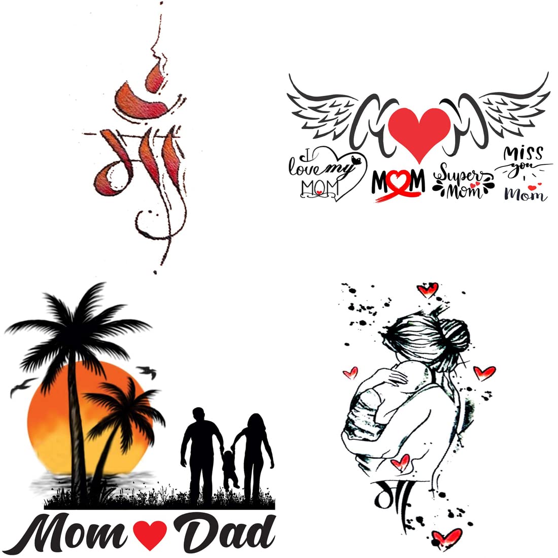 Pack of 4 Temporary Tattoo Stickers - Wing Mom Dad Love Designs for Men & Women (2x4 Inch) | Waterproof Fake Body Art for Parties, Festivals & Special Occasions