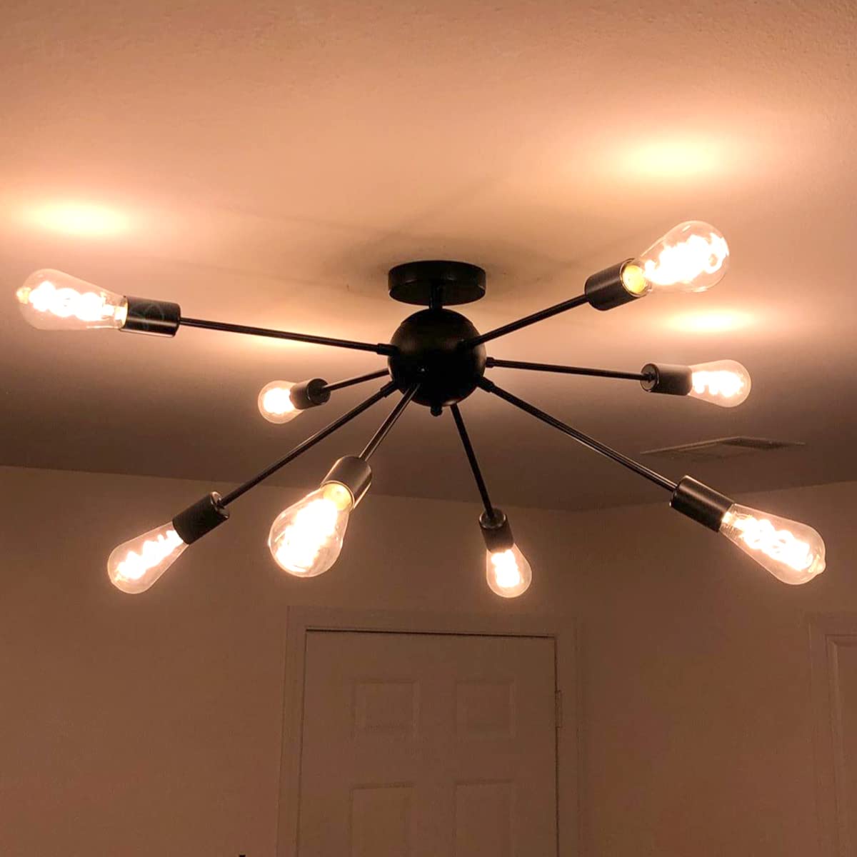 LynPon Black 8-Light Semi Flush Mount Ceiling Light Fixture - Retro Industrial Sputnik Chandelier for Kitchen, Living Room, Dining Room, Bedroom & Hallway | Vintage Lighting for Modern Homes & Commercial Spaces