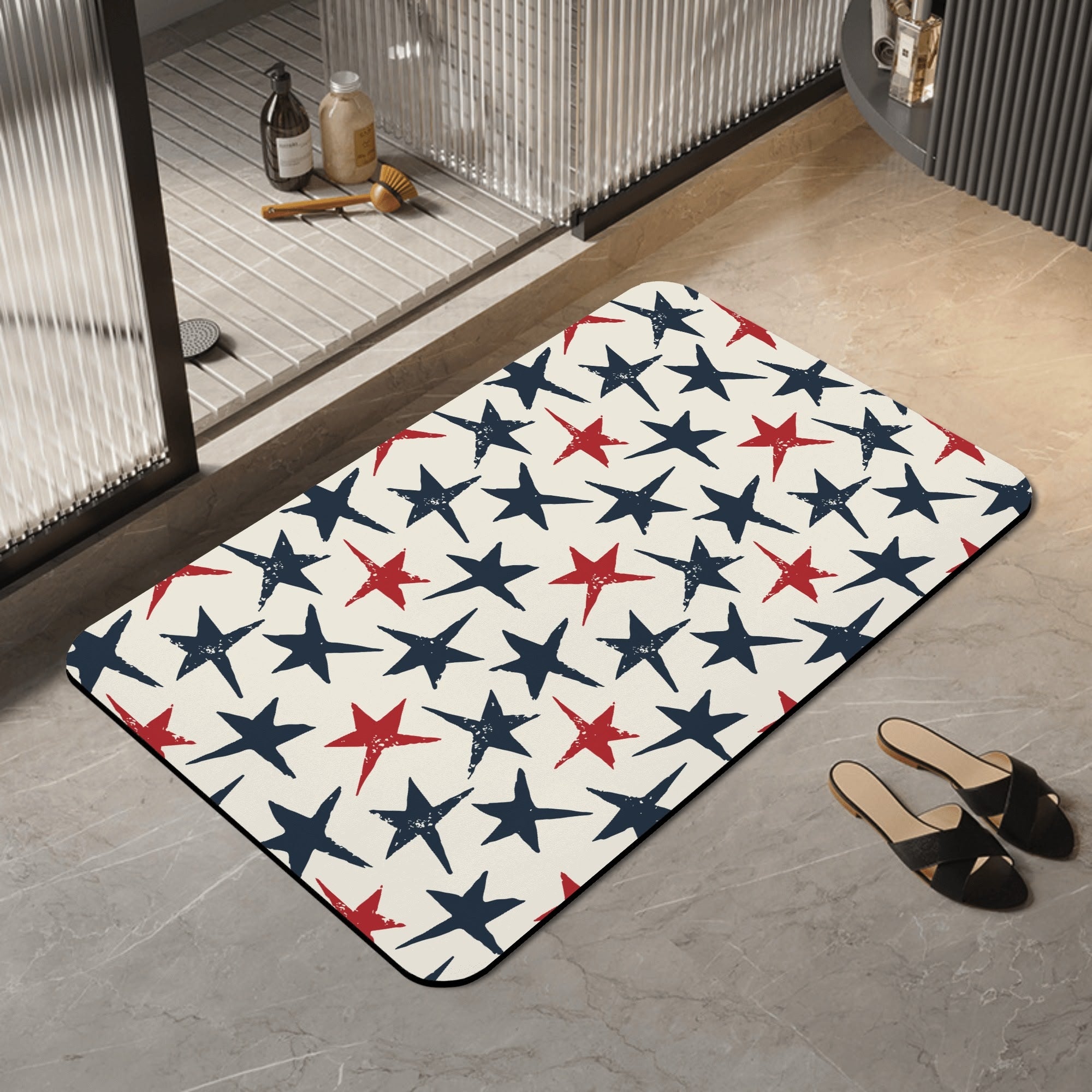 Grunge Blue and Red Stars Diatomaceous Earth Bath Mat - Fast Drying, Absorbent & Eco-Friendly Bathroom Rug for Modern Home Decor