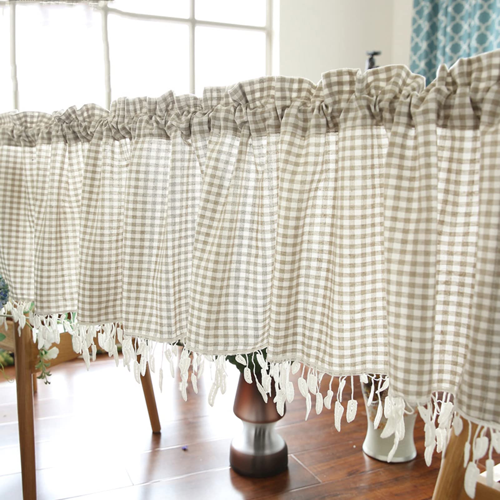 Classic Lattice Cotton Linen Kitchen Curtains - Short Rod Pocket Valance for Cafe, Bistro & Country Style Decor | Perfect for Kitchens, Bedrooms, Living Rooms, Offices & Small Windows | Adds Farmhouse Charm to Your Home