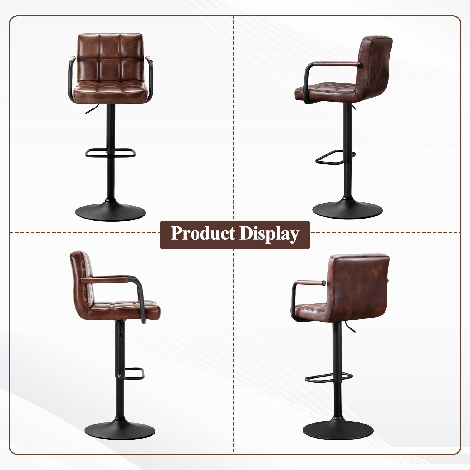 Furniliving Set of 2 Modern Square PU Leather Bar Stools with Back & Armrest - Adjustable Height Counter Stools for Kitchen, Bar, Pub, Cafe - Perfect for Breakfast Nooks, Home Bars & Restaurant Seating (Dark Brown)