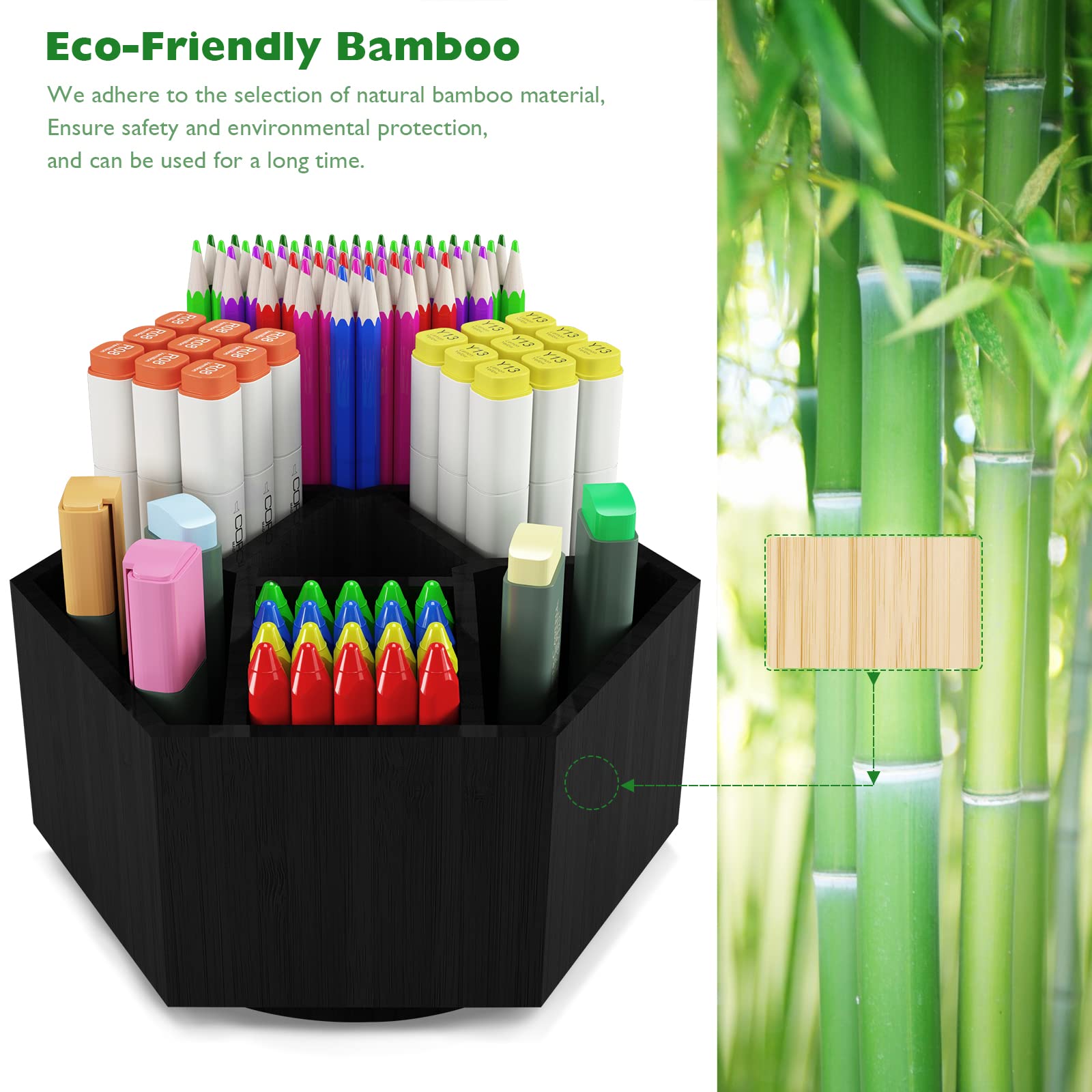Kids Art Caddy Organizer - 7-Compartment Bamboo Rotating Desk Storage for 325+ Pencils, Markers & Craft Supplies | Perfect for Classroom, Homeschool & Art Studio Organization (Black)