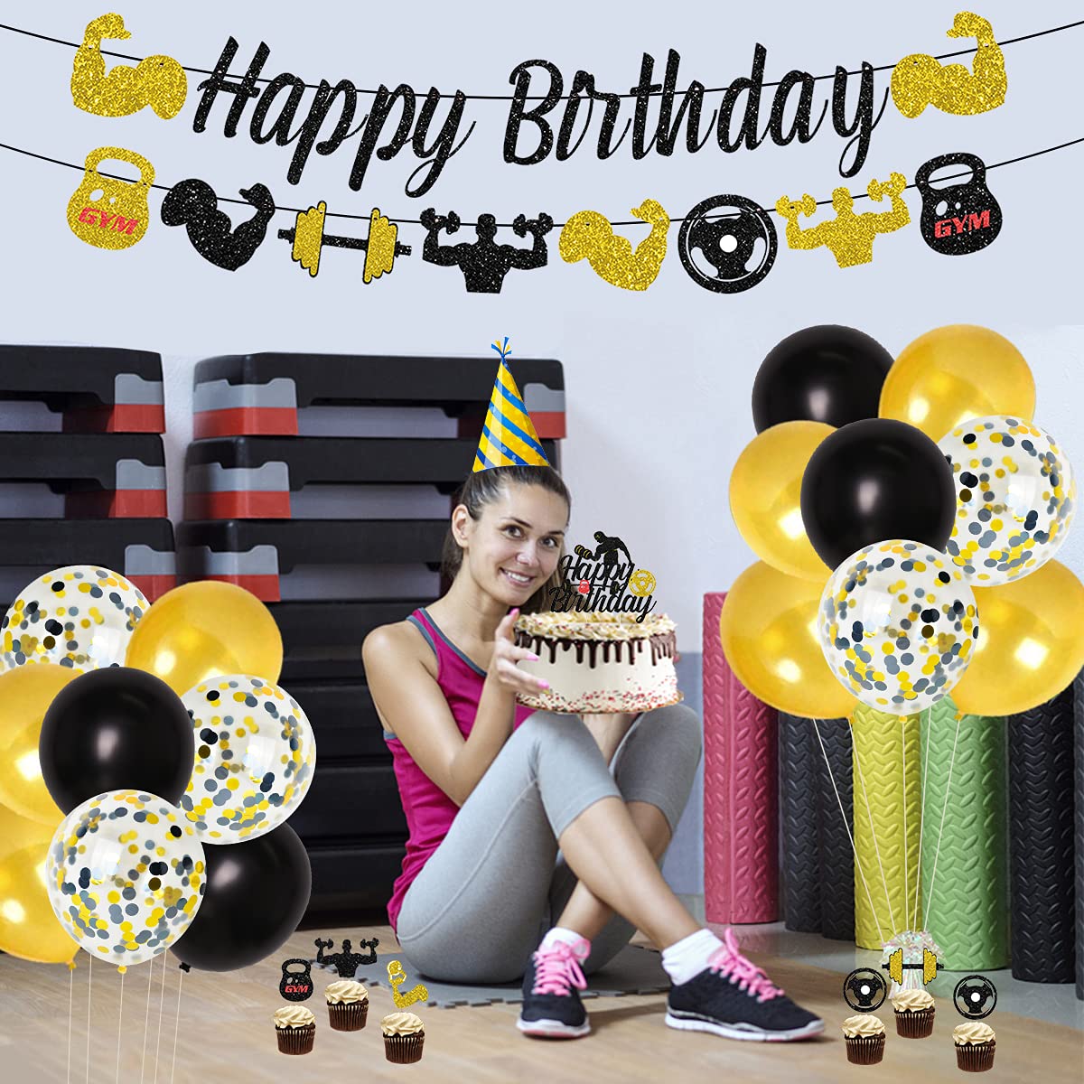 Black and Gold Gym Birthday Party Decorations - Weight Lifting Theme Party Supplies with Fitness Cake Topper & Glitter Banner | Perfect for Men's Fitness Themed Celebrations, Workout Parties & Gym Enthusiast Events
