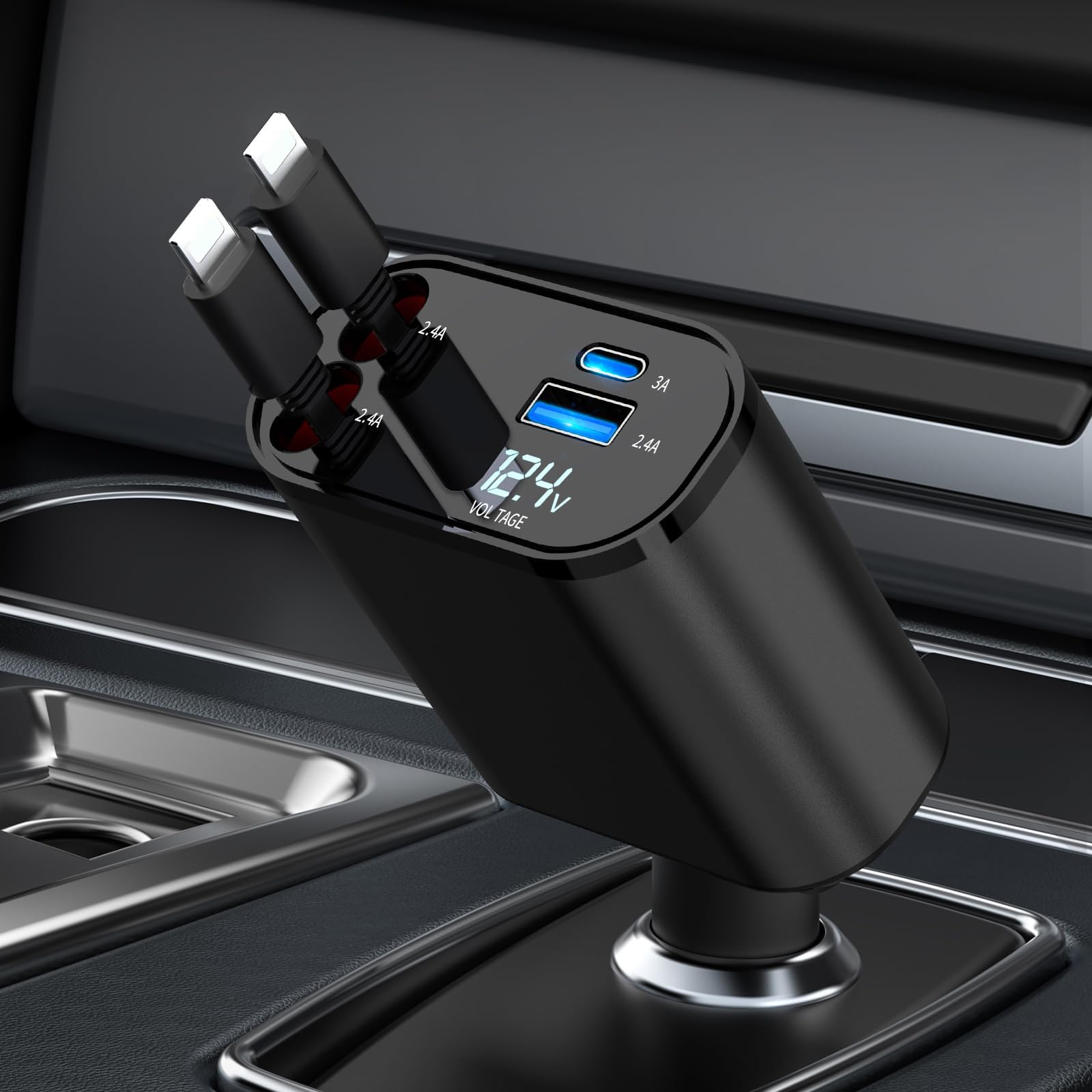 60W 4-in-1 Retractable Car Charger with Fast Charging & 2 USB Ports - Compatible with iPhone 15/14/13/12/11 Pro Max, Galaxy S23, Pixel - Perfect for Road Trips & Daily Commuting