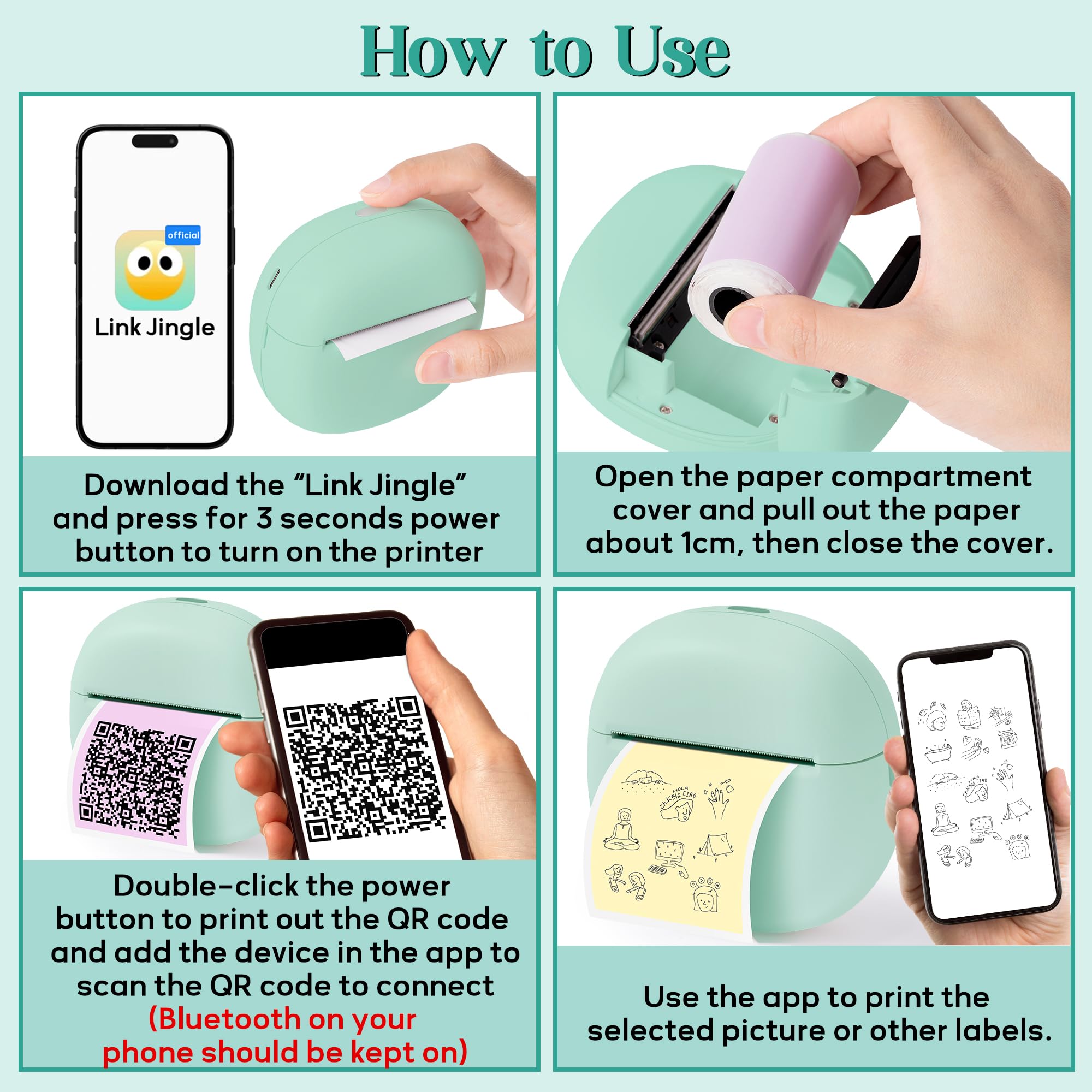 Mini Thermal Sticker Printer - Portable Bluetooth Photo Printer for iOS & Android | Wireless Label Maker with 5 Sticker Rolls | Inkless Pocket Printer for Notes, Memos & Receipts | Perfect for Home, Office & Small Business Organization (Green)