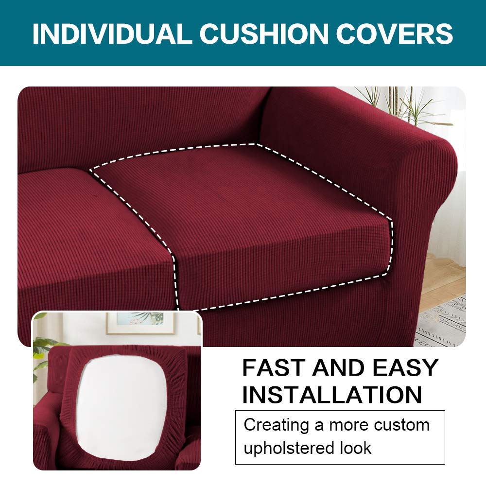 Turquoise and Burgundy Stretchable Sofa Cover Set - 3 Seater Couch Cover + 2 Seater Loveseat Slipcover | Soft Spandex Jacquard Fabric | Perfect for Living Room, Bedroom, and Home Decor Protection
